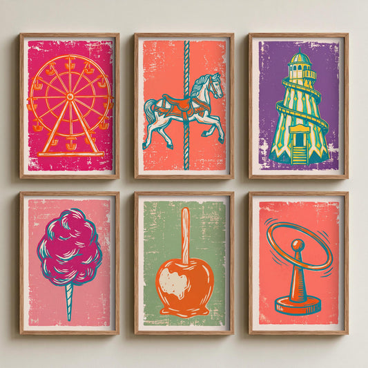 Set of Six Fairground Art Prints - 6 Linocut Illustrations - Ferris Wheel, Carousel Horse, Helter Skelter, Candy Floss, Toffee Apple Posters