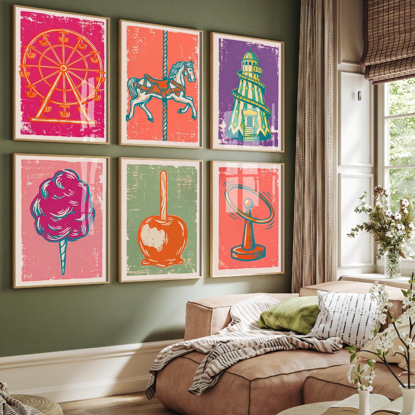Set of Six Fairground Art Prints - 6 Linocut Illustrations - Ferris Wheel, Carousel Horse, Helter Skelter, Candy Floss, Toffee Apple Posters