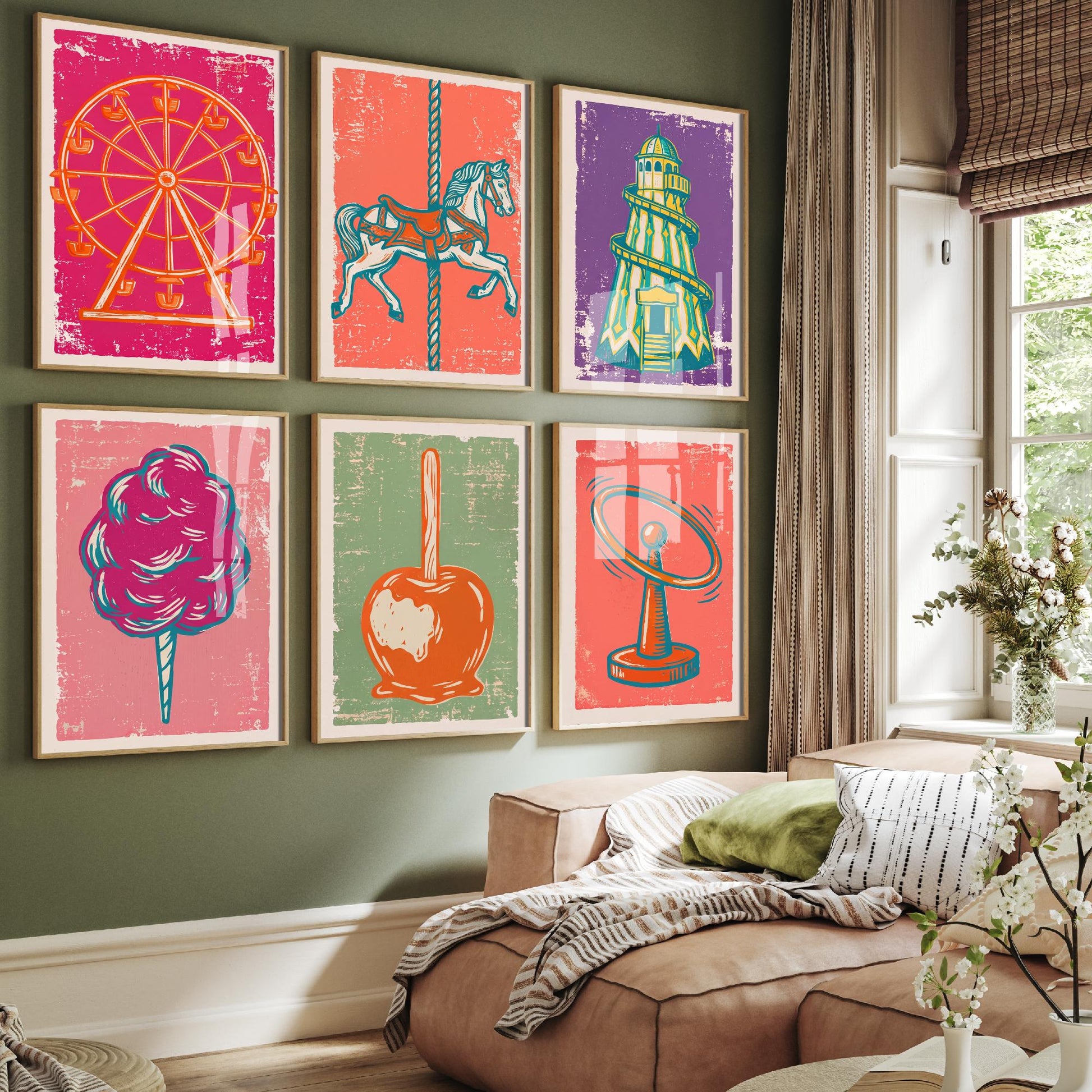 Set of Six Fairground Art Prints - 6 Linocut Illustrations - Ferris Wheel, Carousel Horse, Helter Skelter, Candy Floss, Toffee Apple Posters