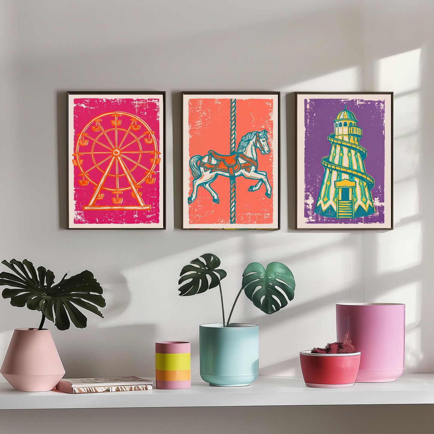 Set of Three Fairground Art Prints - Ferris Wheel, Carousel Horse, Helter Skelter - Linocut Illustrations - Triptych Posters V1