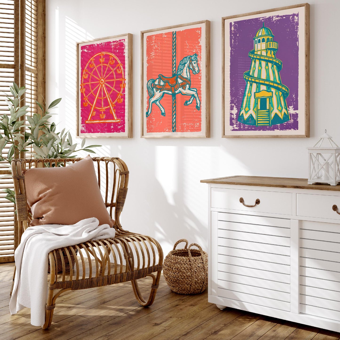 Set of Three Fairground Art Prints - Ferris Wheel, Carousel Horse, Helter Skelter - Linocut Illustrations - Triptych Posters V1