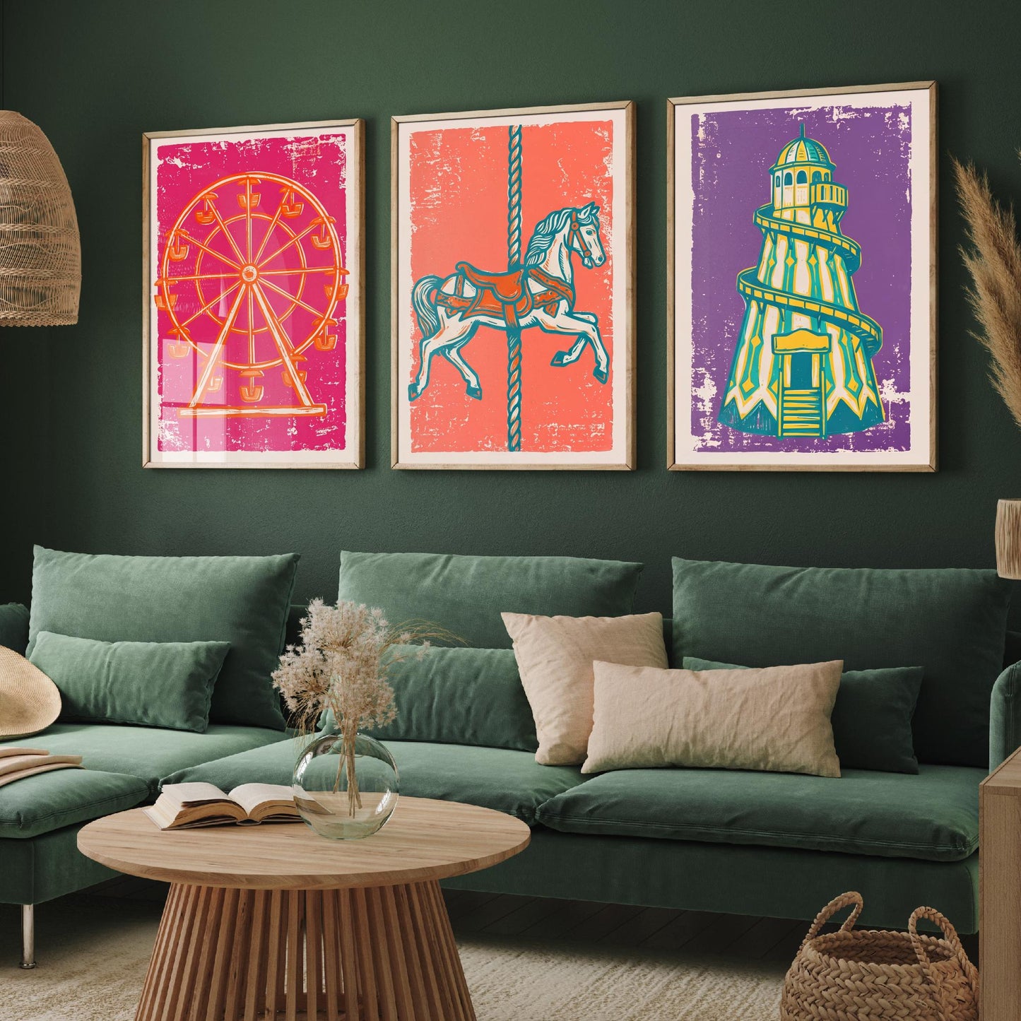 Set of Three Fairground Art Prints - Ferris Wheel, Carousel Horse, Helter Skelter - Linocut Illustrations - Triptych Posters V1