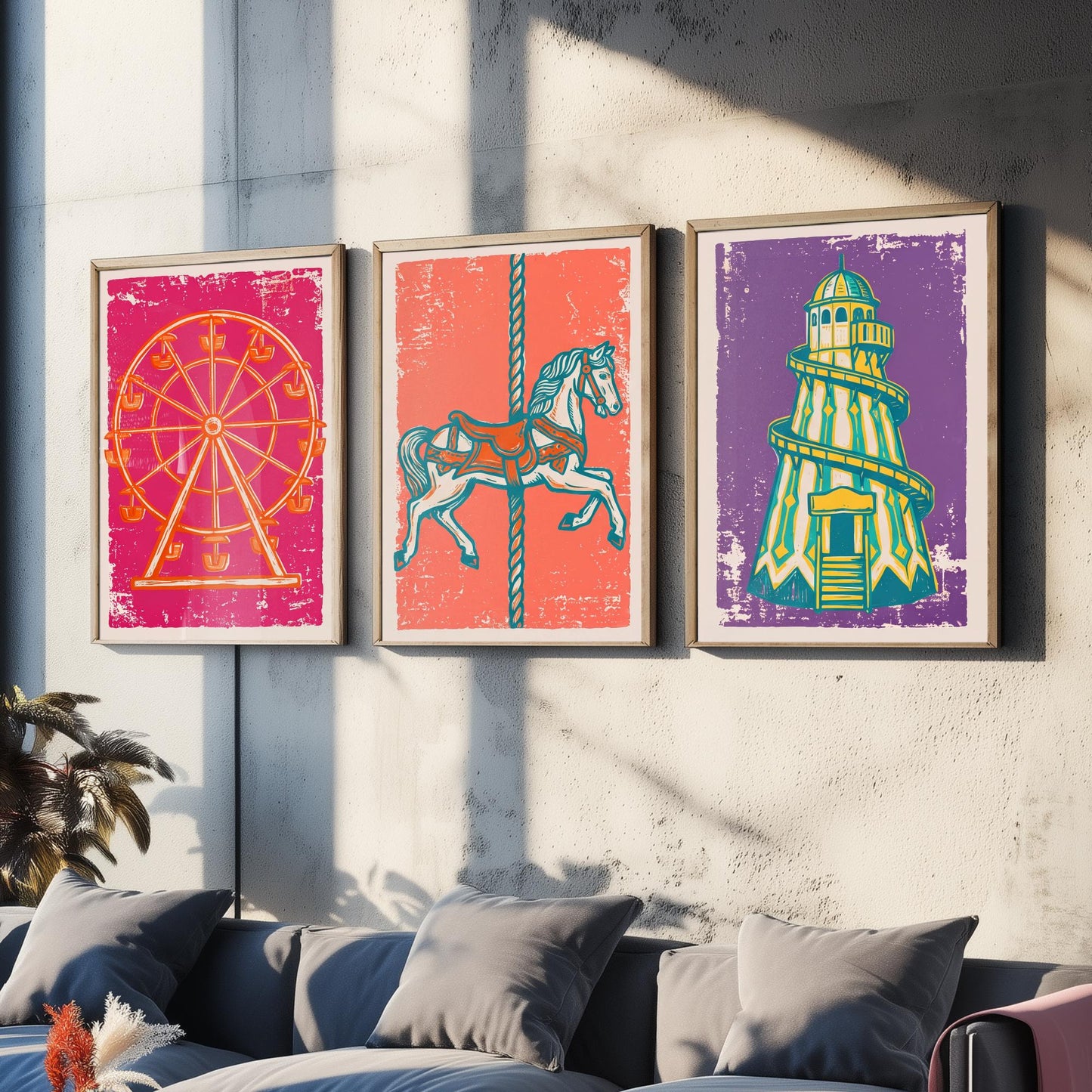 Set of Three Fairground Art Prints - Ferris Wheel, Carousel Horse, Helter Skelter - Linocut Illustrations - Triptych Posters V1