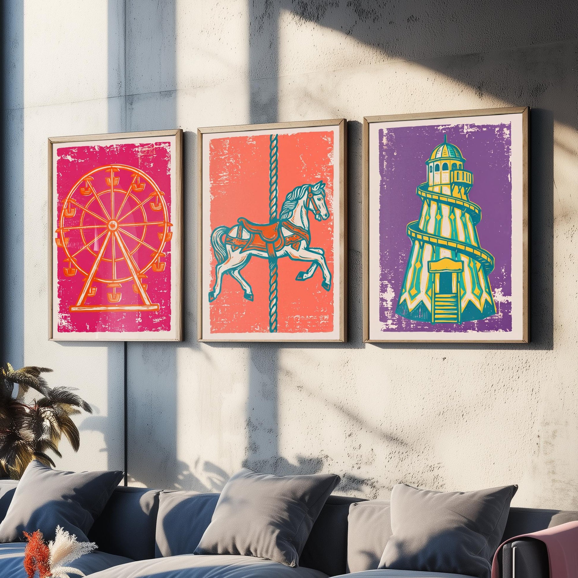 Set of Three Fairground Art Prints - Ferris Wheel, Carousel Horse, Helter Skelter - Linocut Illustrations - Triptych Posters V1
