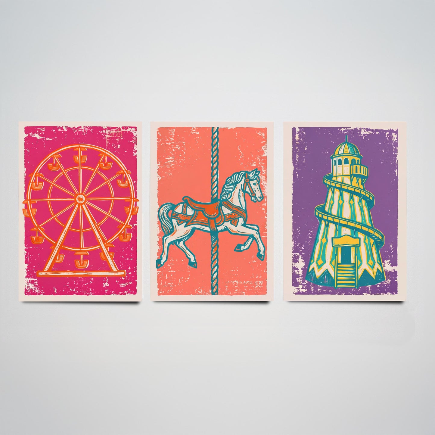 Set of Three Fairground Art Prints - Ferris Wheel, Carousel Horse, Helter Skelter - Linocut Illustrations - Triptych Posters V1