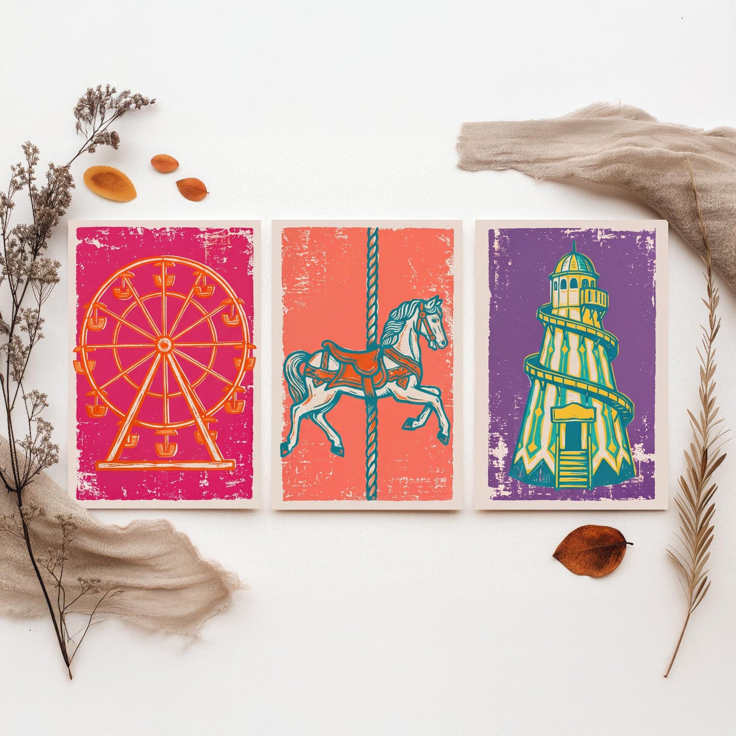 Set of Three Fairground Art Prints - Ferris Wheel, Carousel Horse, Helter Skelter - Linocut Illustrations - Triptych Posters V1
