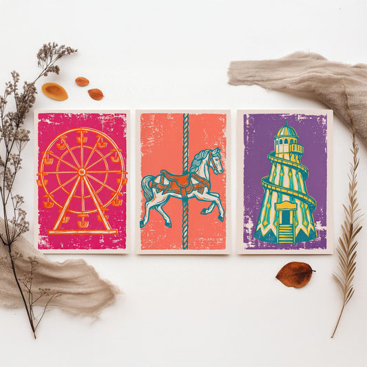 Set of Three Fairground Art Prints - Ferris Wheel, Carousel Horse, Helter Skelter - Linocut Illustrations - Triptych Posters V1