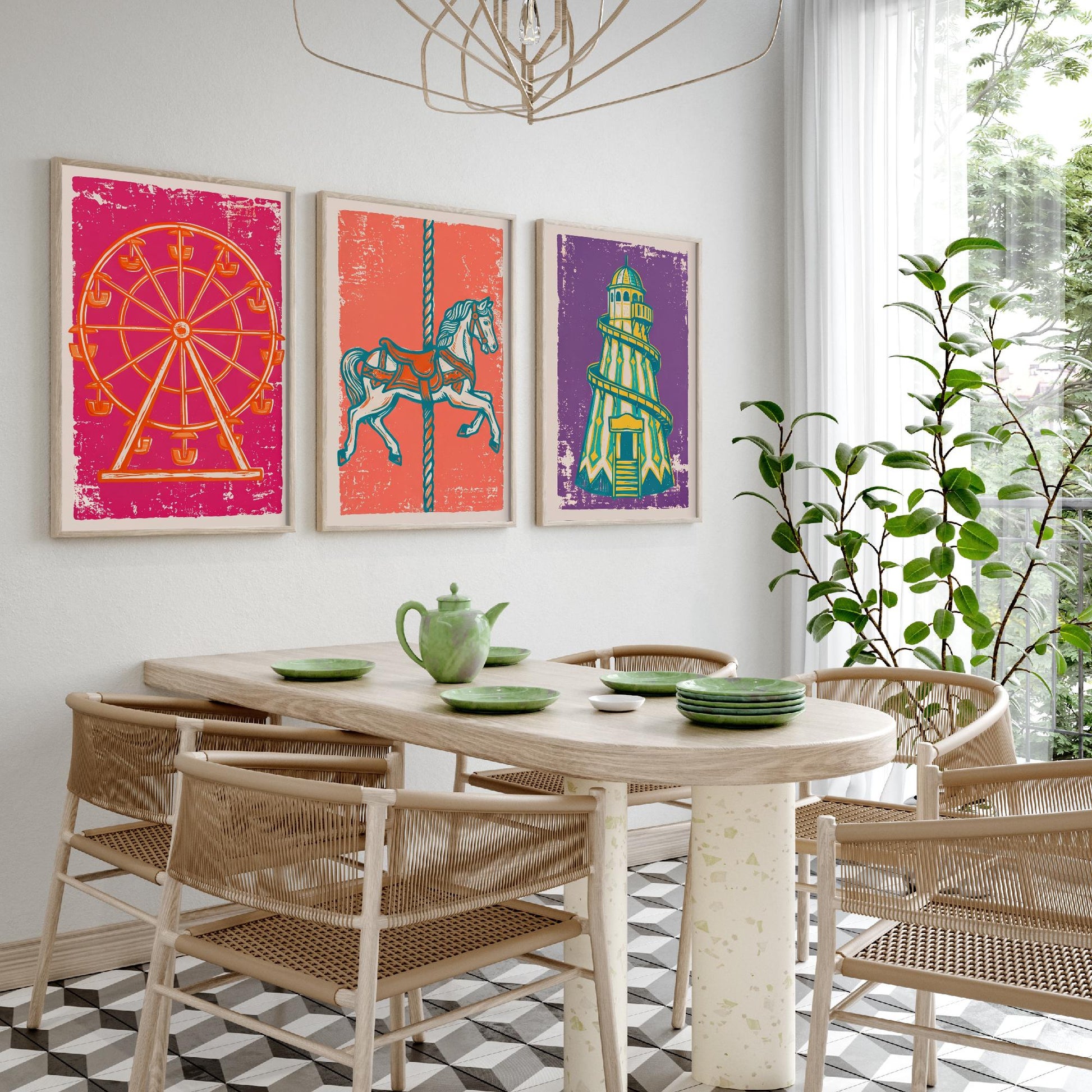 Set of Three Fairground Art Prints - Ferris Wheel, Carousel Horse, Helter Skelter - Linocut Illustrations - Triptych Posters V1