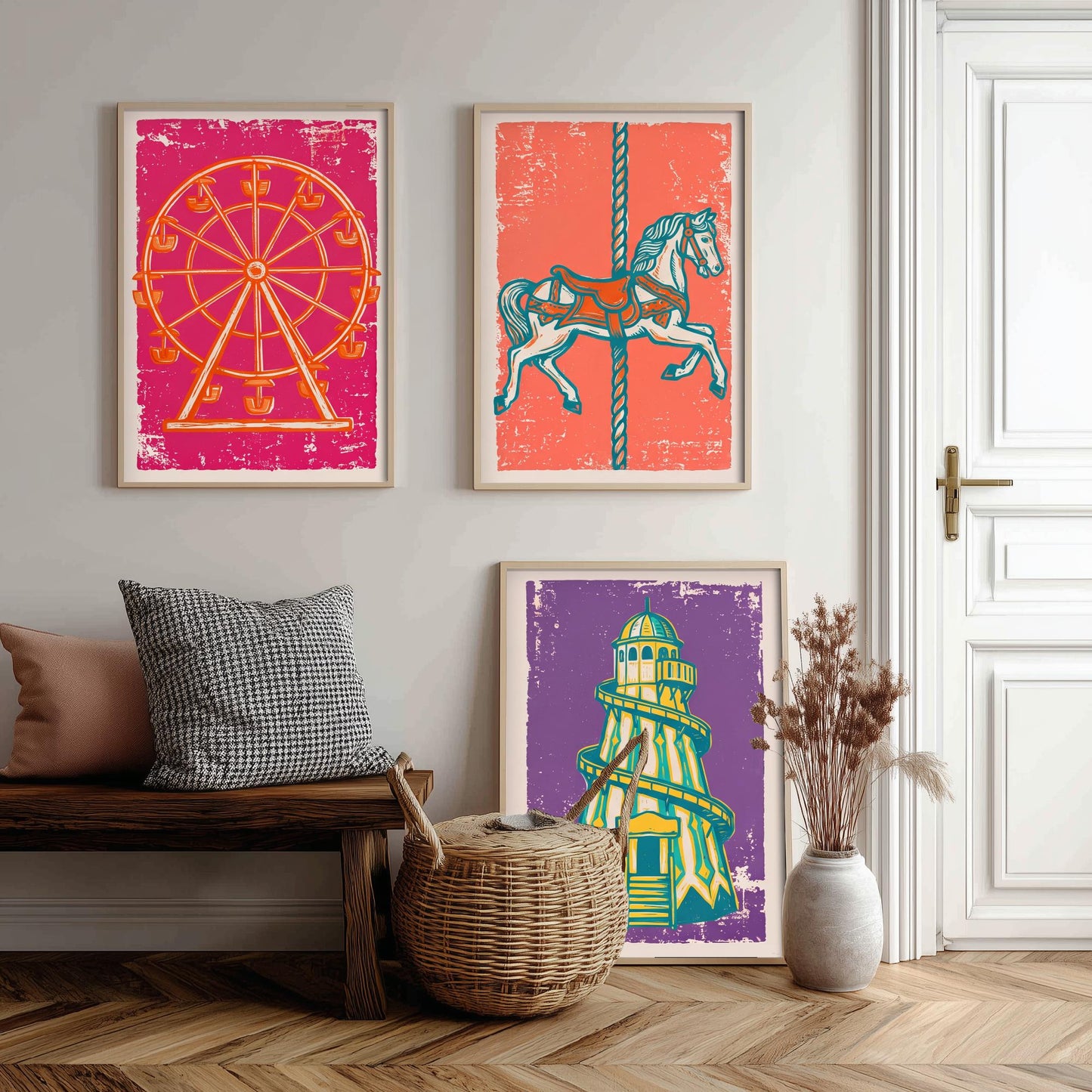 Set of Three Fairground Art Prints - Ferris Wheel, Carousel Horse, Helter Skelter - Linocut Illustrations - Triptych Posters V1