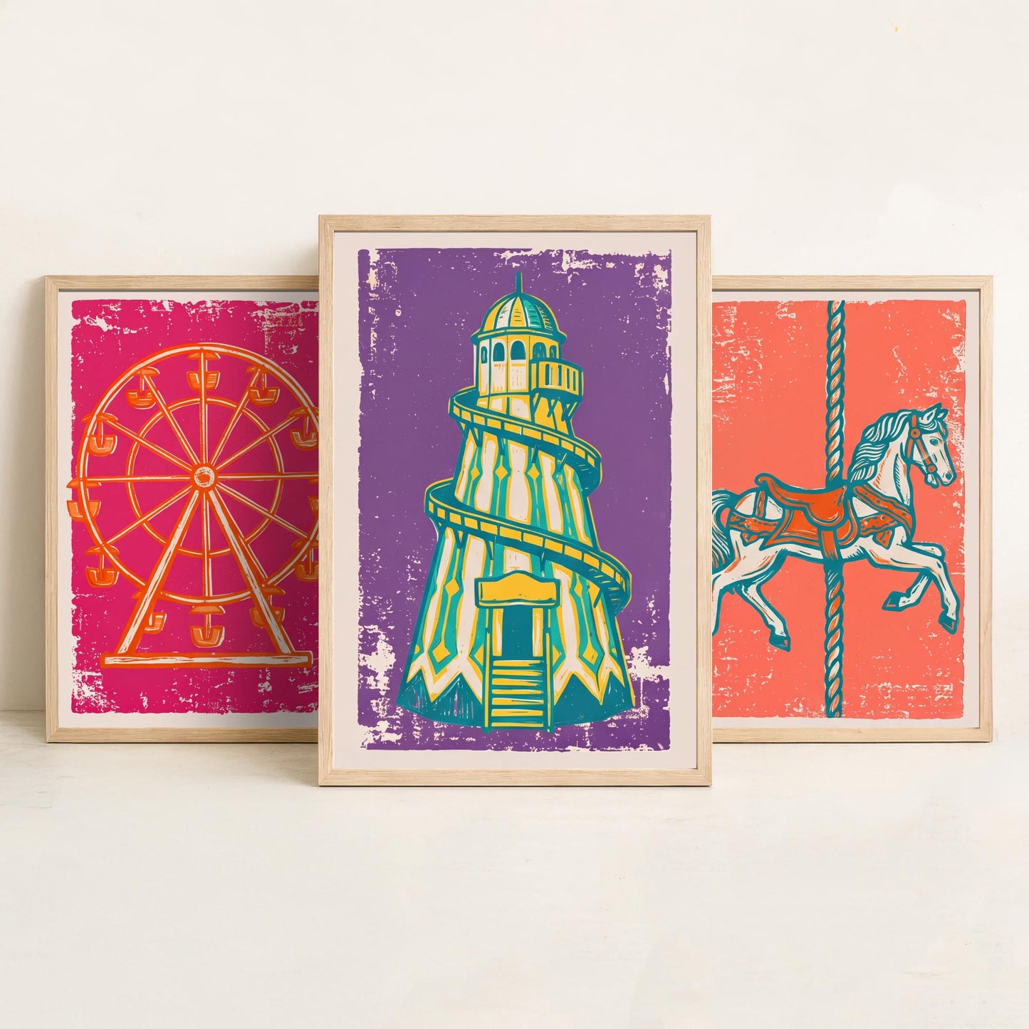 Set of Three Fairground Art Prints - Ferris Wheel, Carousel Horse, Helter Skelter - Linocut Illustrations - Triptych Posters V1