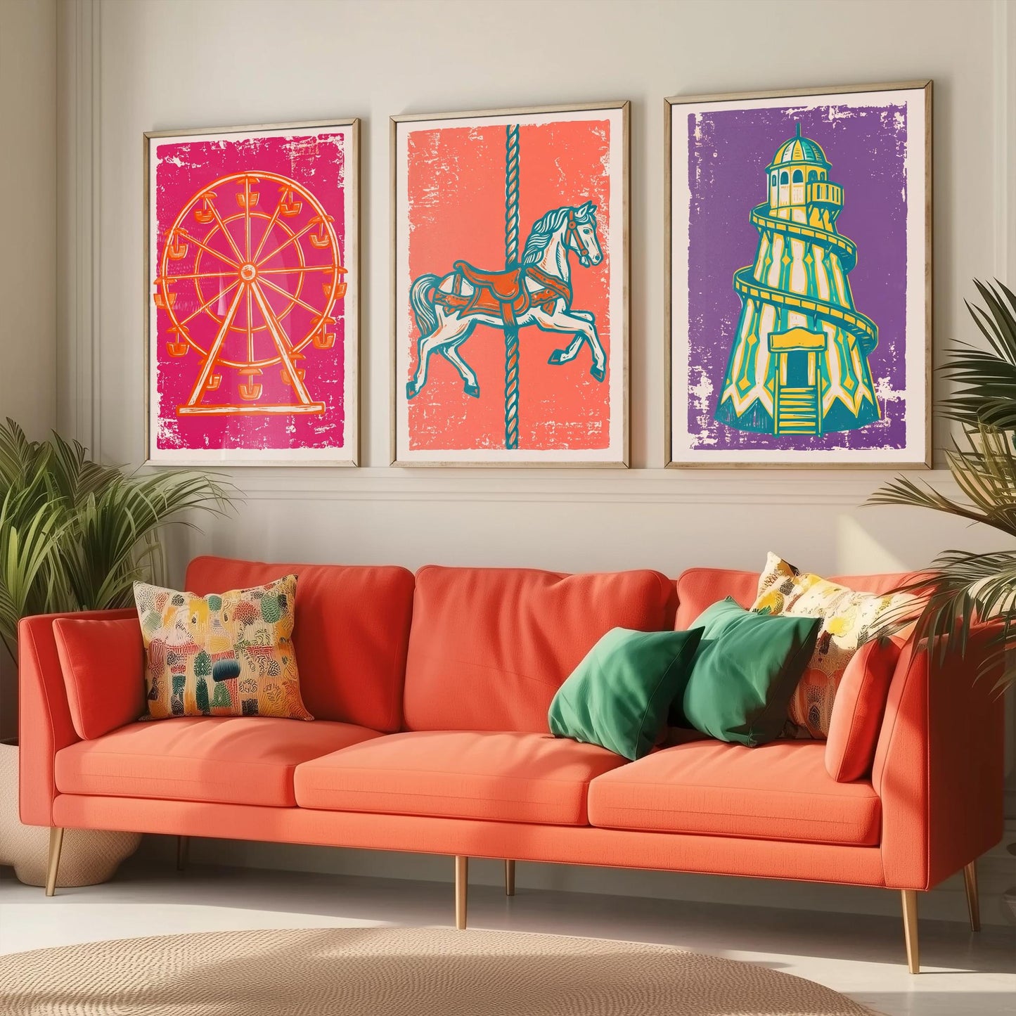 Set of Three Fairground Art Prints - Ferris Wheel, Carousel Horse, Helter Skelter - Linocut Illustrations - Triptych Posters V1
