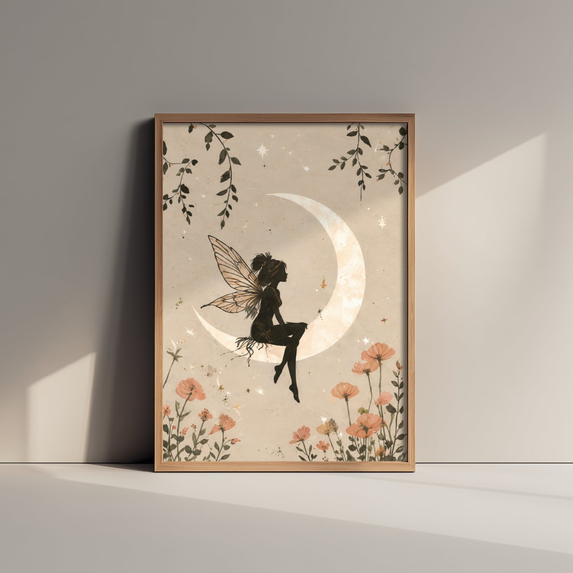 Fairy on the Moon Art Print - Celestial Botanical Poster - Whimsical Illustration - Nursery Wall Art V1 1/3