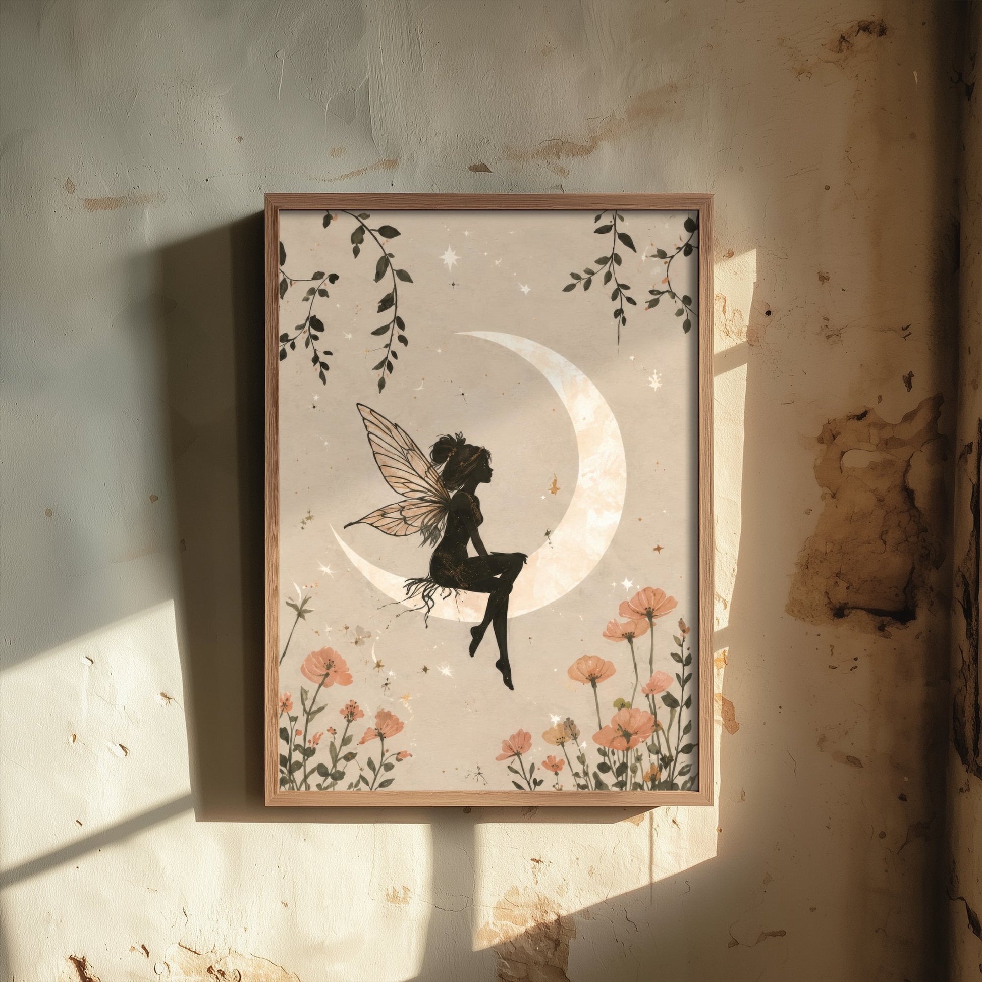 Fairy on the Moon Art Print - Celestial Botanical Poster - Whimsical Illustration - Nursery Wall Art V1 1/3