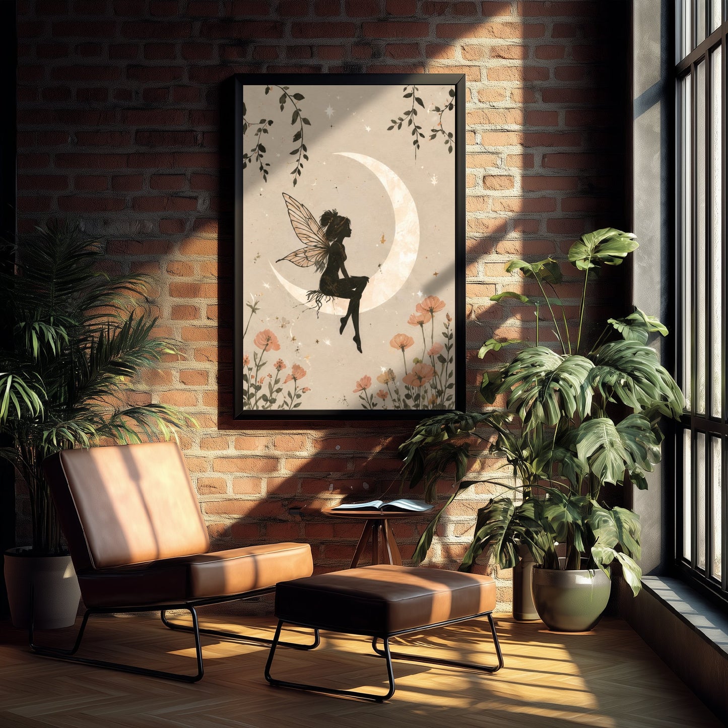 Fairy on the Moon Art Print - Celestial Botanical Poster - Whimsical Illustration - Nursery Wall Art V1 1/3