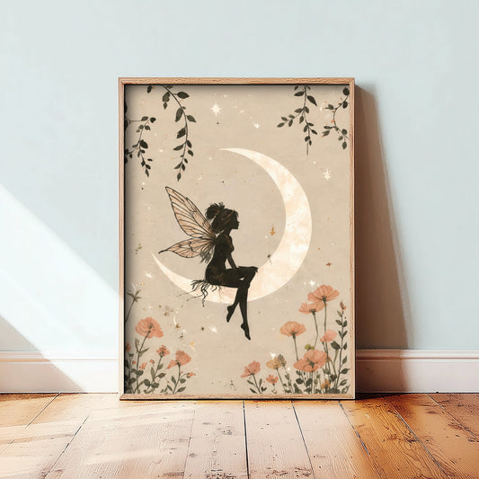 Fairy on the Moon Art Print - Celestial Botanical Poster - Whimsical Illustration - Nursery Wall Art V1 1/3