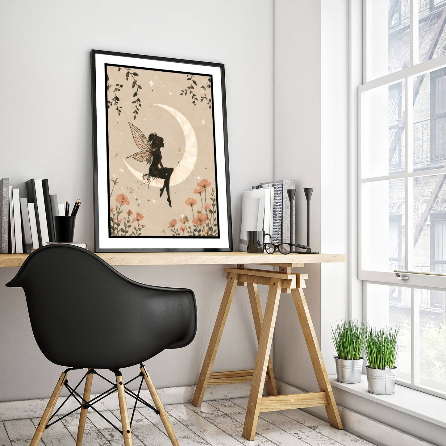 Fairy on the Moon Art Print - Celestial Botanical Poster - Whimsical Illustration - Nursery Wall Art V1 1/3