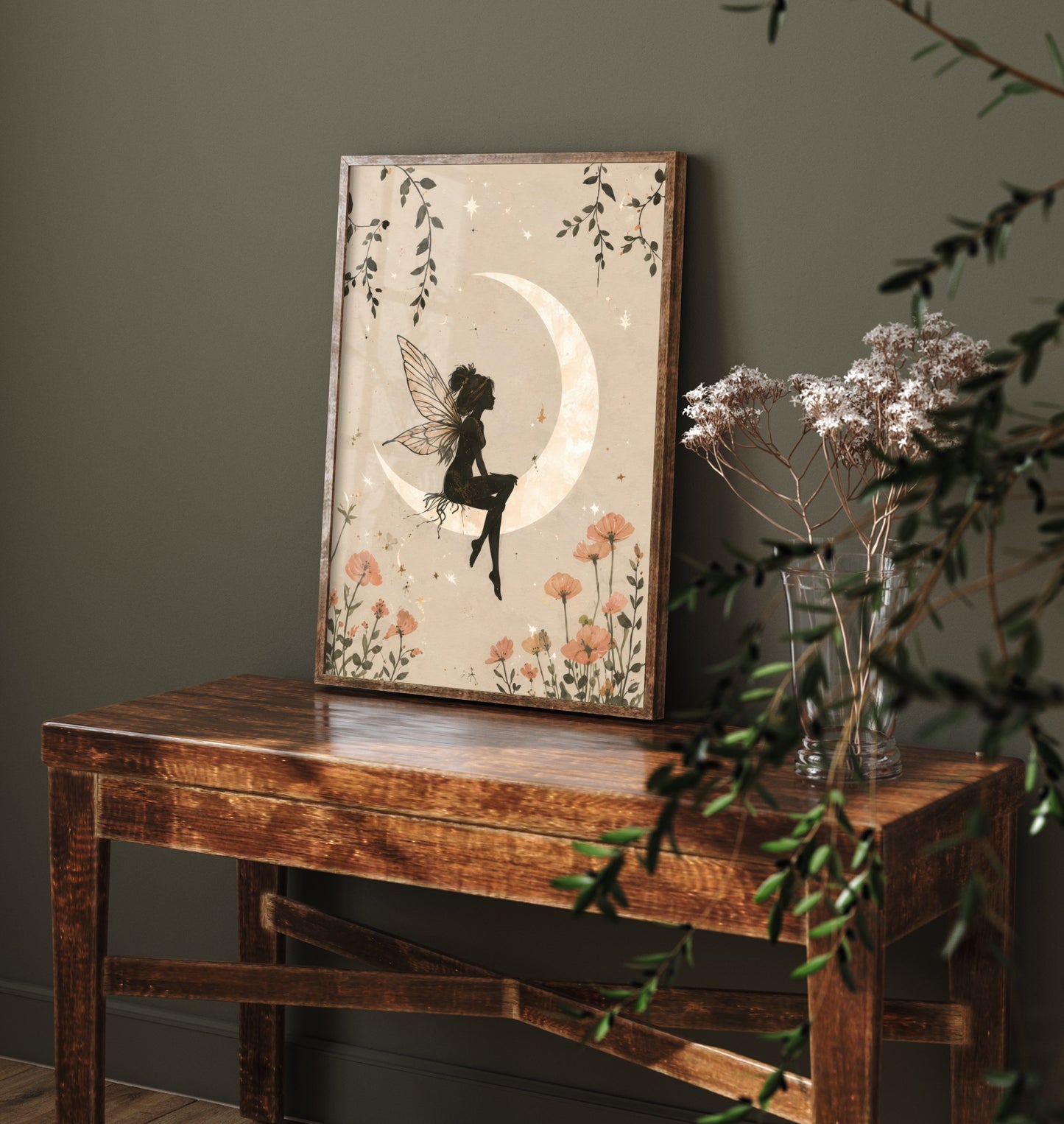 Fairy on the Moon Art Print - Celestial Botanical Poster - Whimsical Illustration - Nursery Wall Art V1 1/3