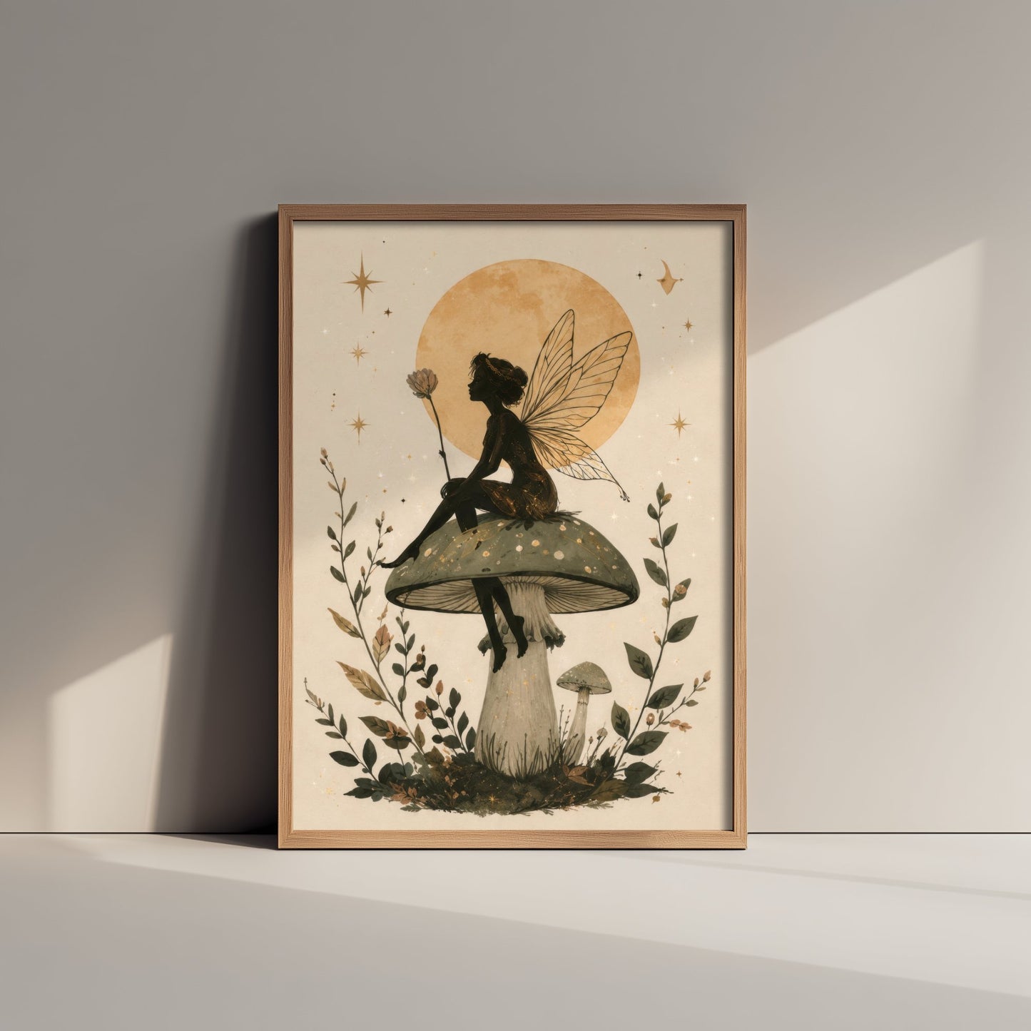 Fairy on a Mushroom Art Print - Celestial Botanical Poster - Whimsical Illustration - Nursery Wall Art V1 2/3