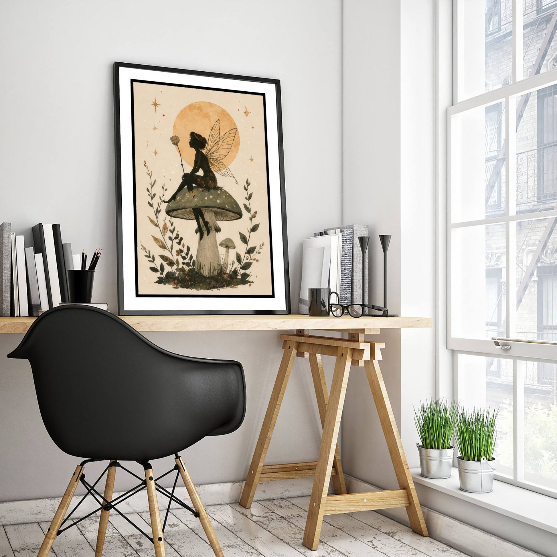 Fairy on a Mushroom Art Print - Celestial Botanical Poster - Whimsical Illustration - Nursery Wall Art V1 2/3