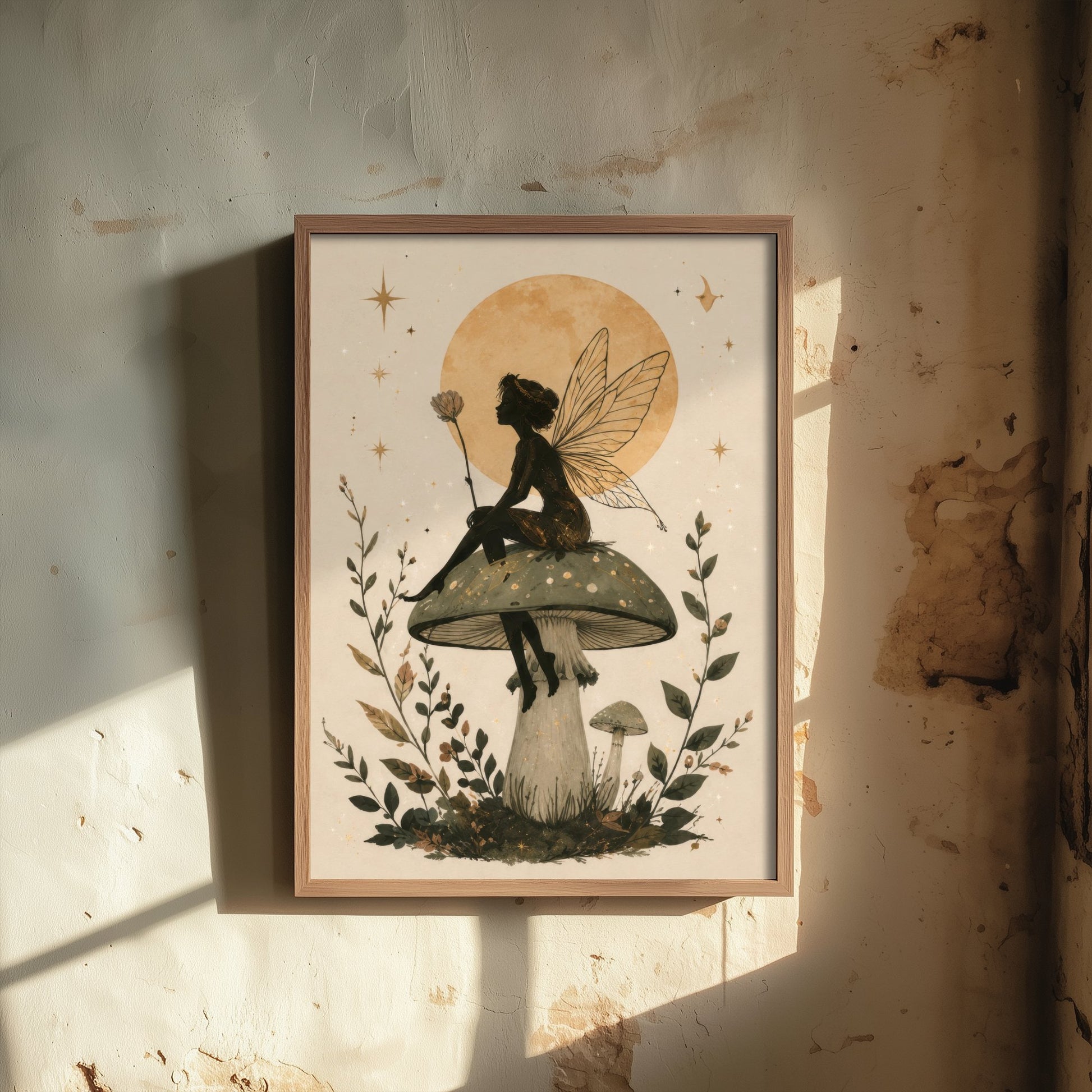 Fairy on a Mushroom Art Print - Celestial Botanical Poster - Whimsical Illustration - Nursery Wall Art V1 2/3