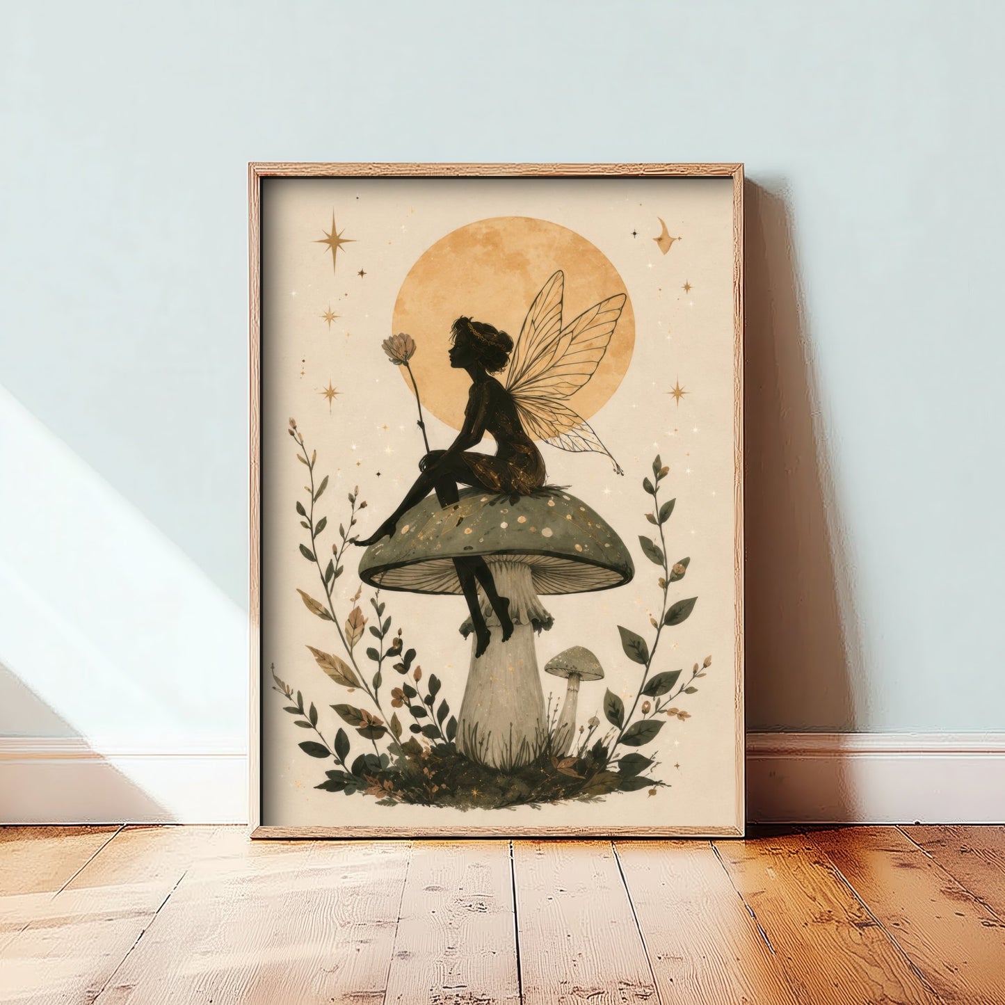 Fairy on a Mushroom Art Print - Celestial Botanical Poster - Whimsical Illustration - Nursery Wall Art V1 2/3