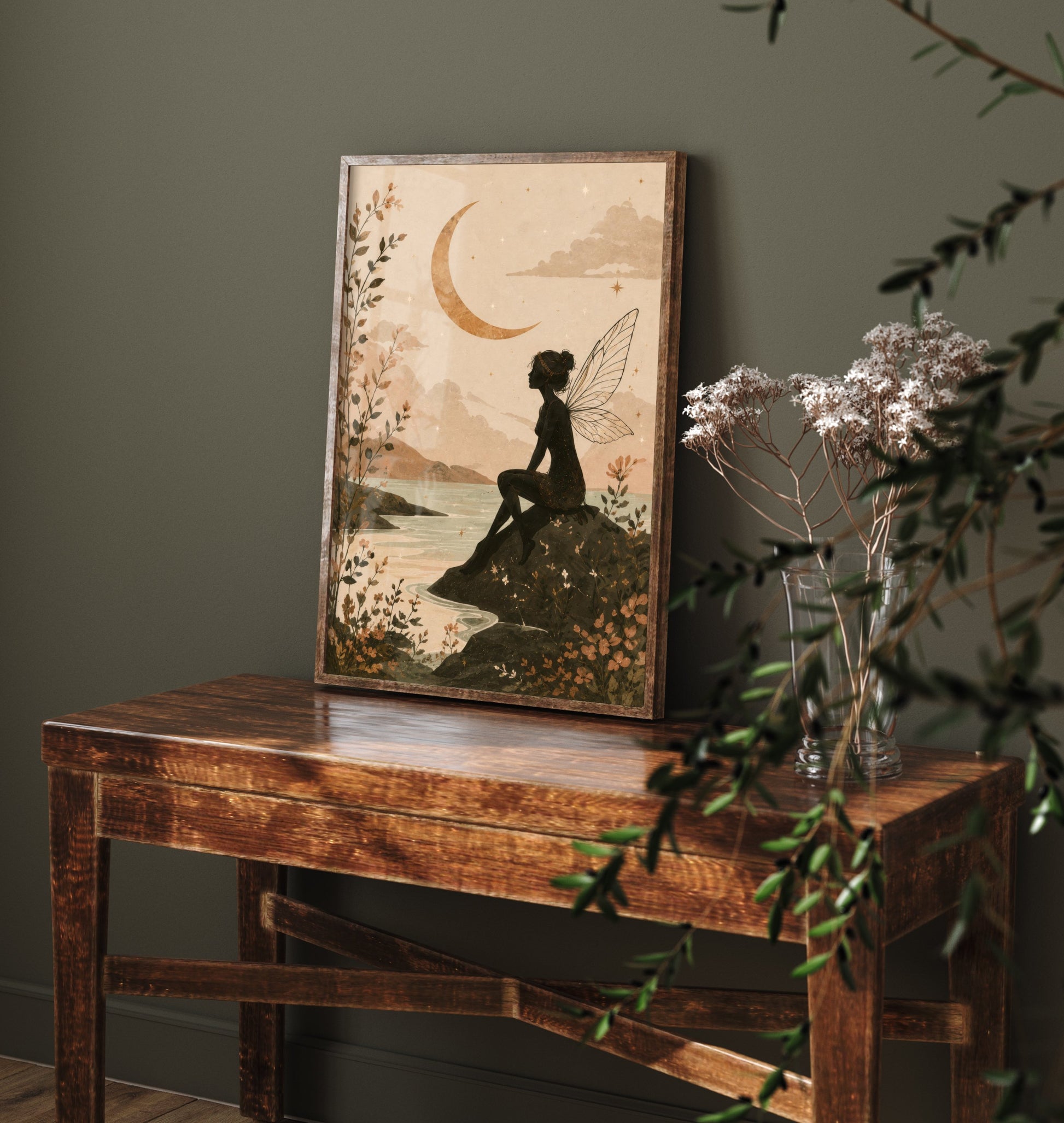 Fairy by the Moonlit Lake Art Print - Celestial Botanical Poster - Whimsical Illustration - Wall Art V1 3/3