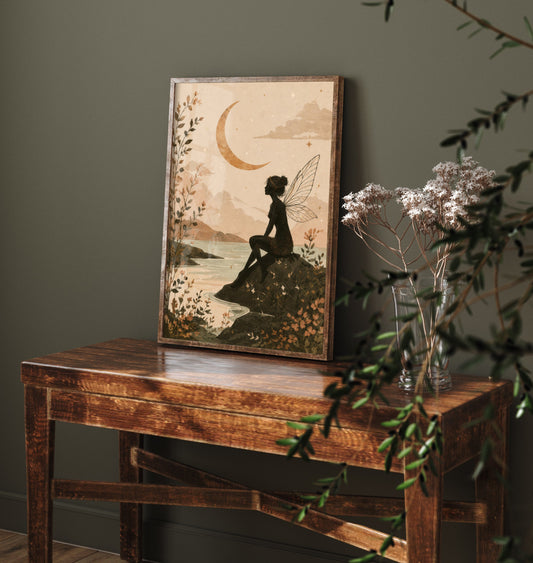 Fairy by the Moonlit Lake Art Print - Celestial Botanical Poster - Whimsical Illustration - Wall Art V1 3/3