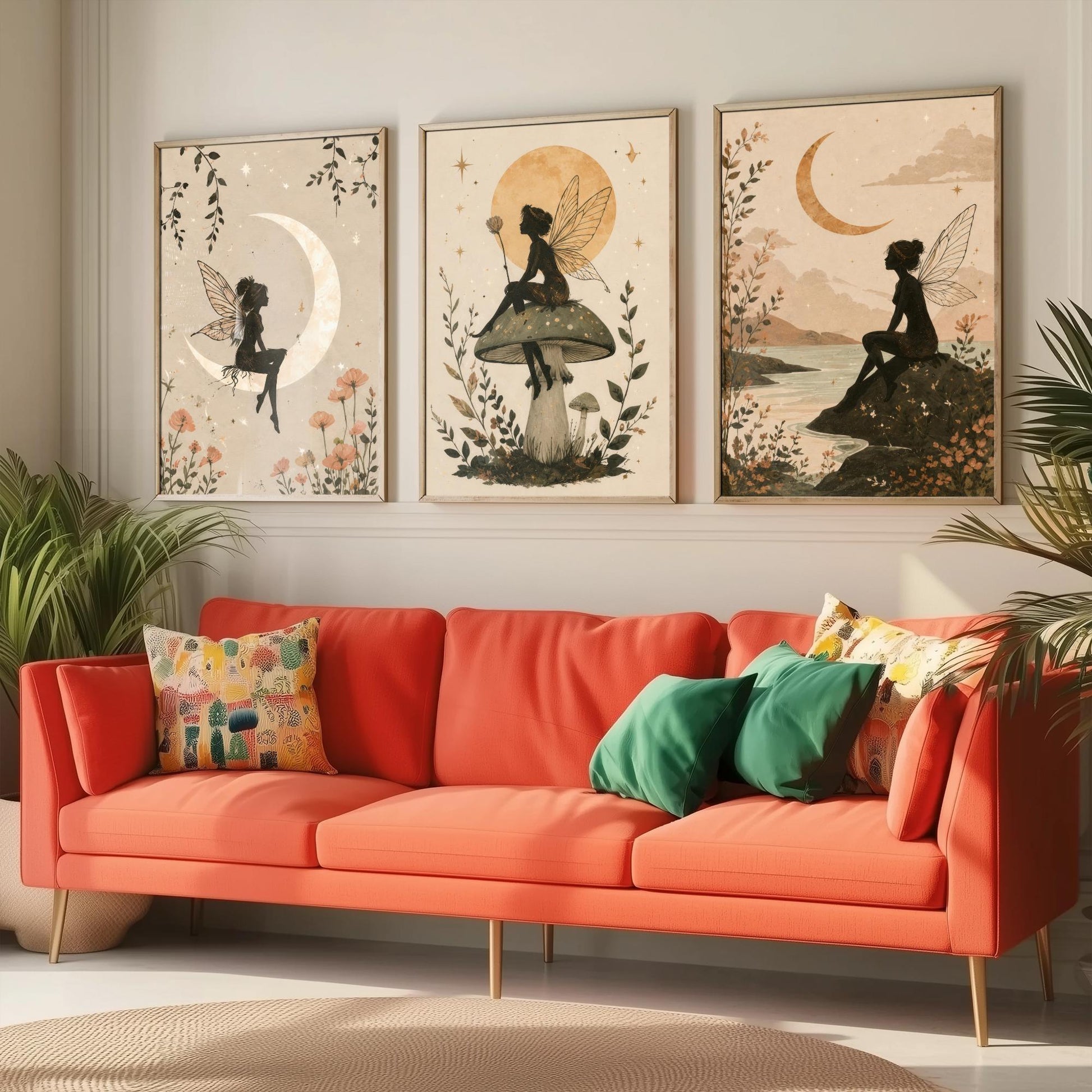 Fairy & Moon Botanical Set of Three Art Prints - Whimsical Fairy Illustration - Celestial Poster Wall Art Gift Decor V1