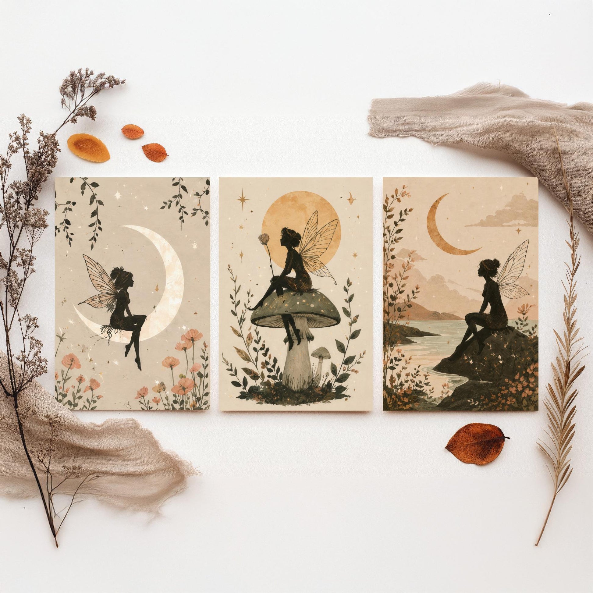 Fairy & Moon Botanical Set of Three Art Prints - Whimsical Fairy Illustration - Celestial Poster Wall Art Gift Decor V1