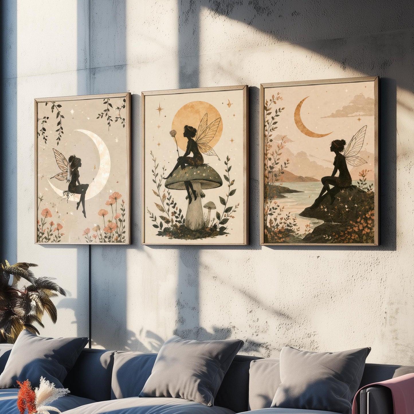 Fairy & Moon Botanical Set of Three Art Prints - Whimsical Fairy Illustration - Celestial Poster Wall Art Gift Decor V1