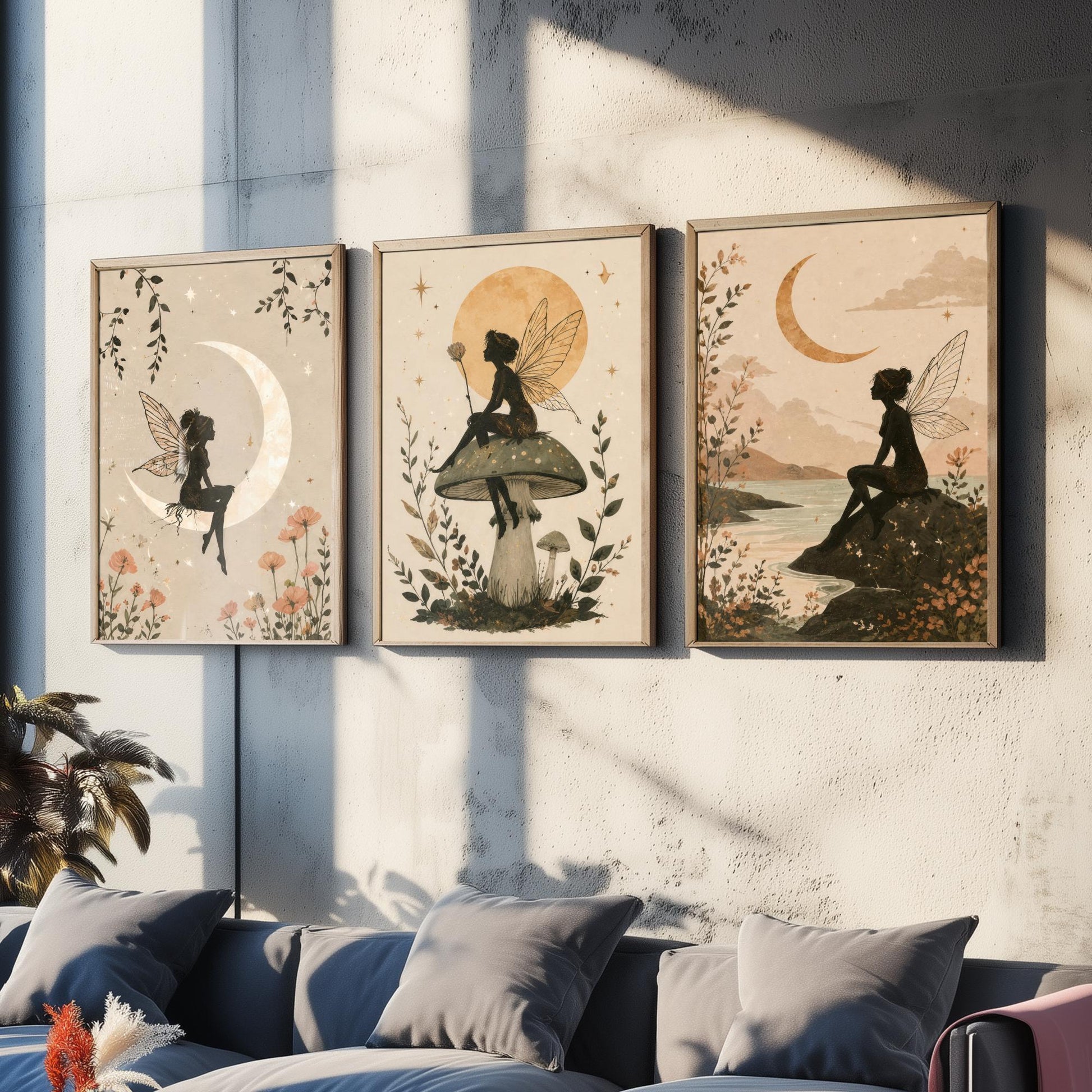 Fairy & Moon Botanical Set of Three Art Prints - Whimsical Fairy Illustration - Celestial Poster Wall Art Gift Decor V1