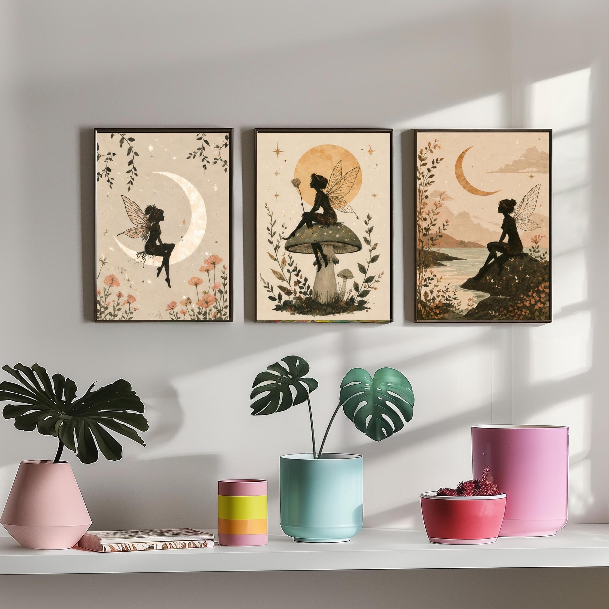 Fairy & Moon Botanical Set of Three Art Prints - Whimsical Fairy Illustration - Celestial Poster Wall Art Gift Decor V1