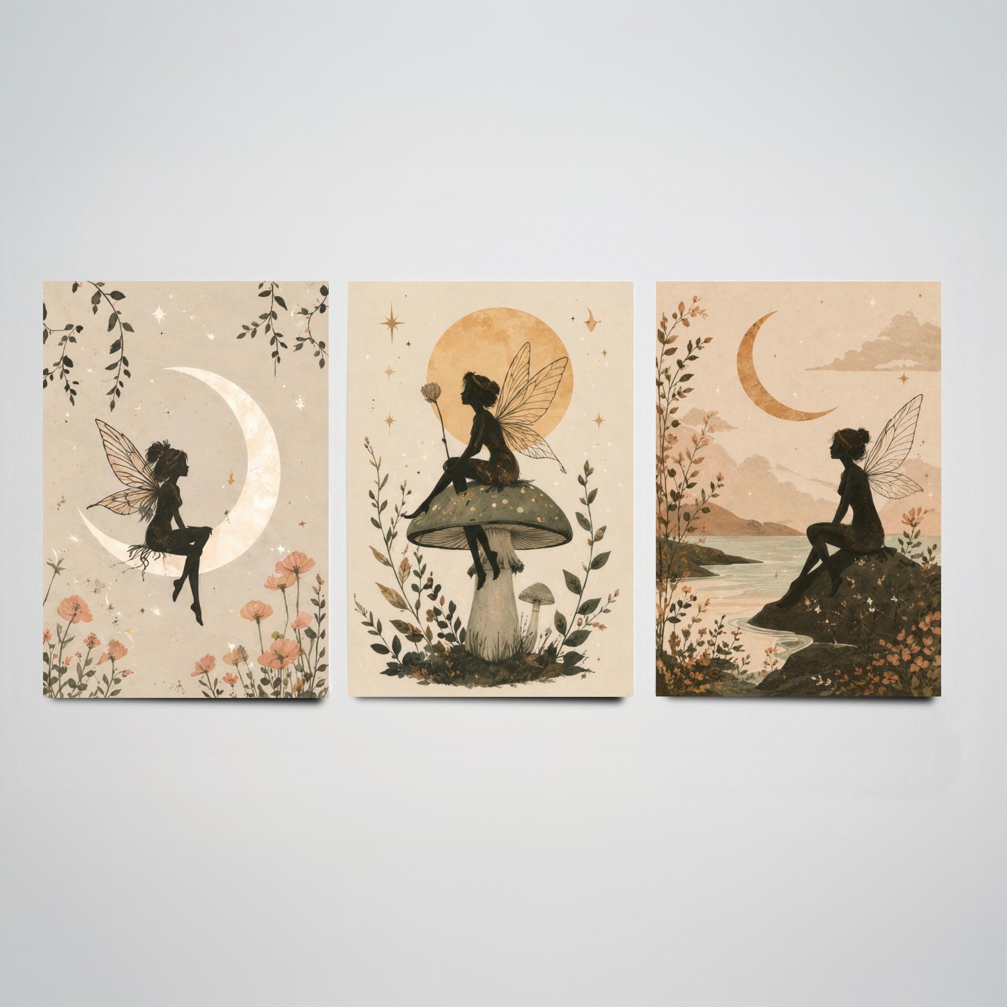 Fairy & Moon Botanical Set of Three Art Prints - Whimsical Fairy Illustration - Celestial Poster Wall Art Gift Decor V1