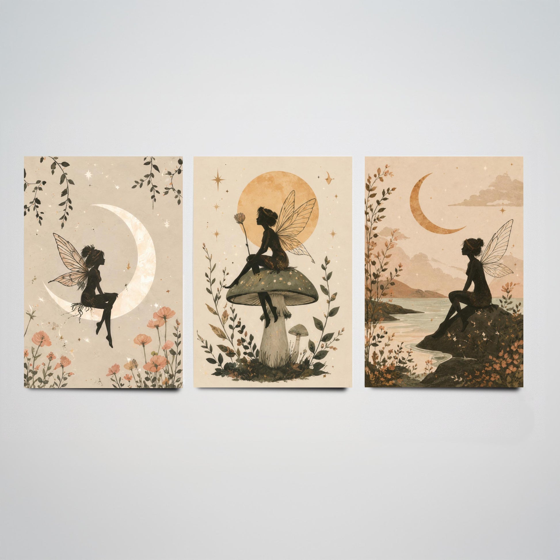 Fairy & Moon Botanical Set of Three Art Prints - Whimsical Fairy Illustration - Celestial Poster Wall Art Gift Decor V1