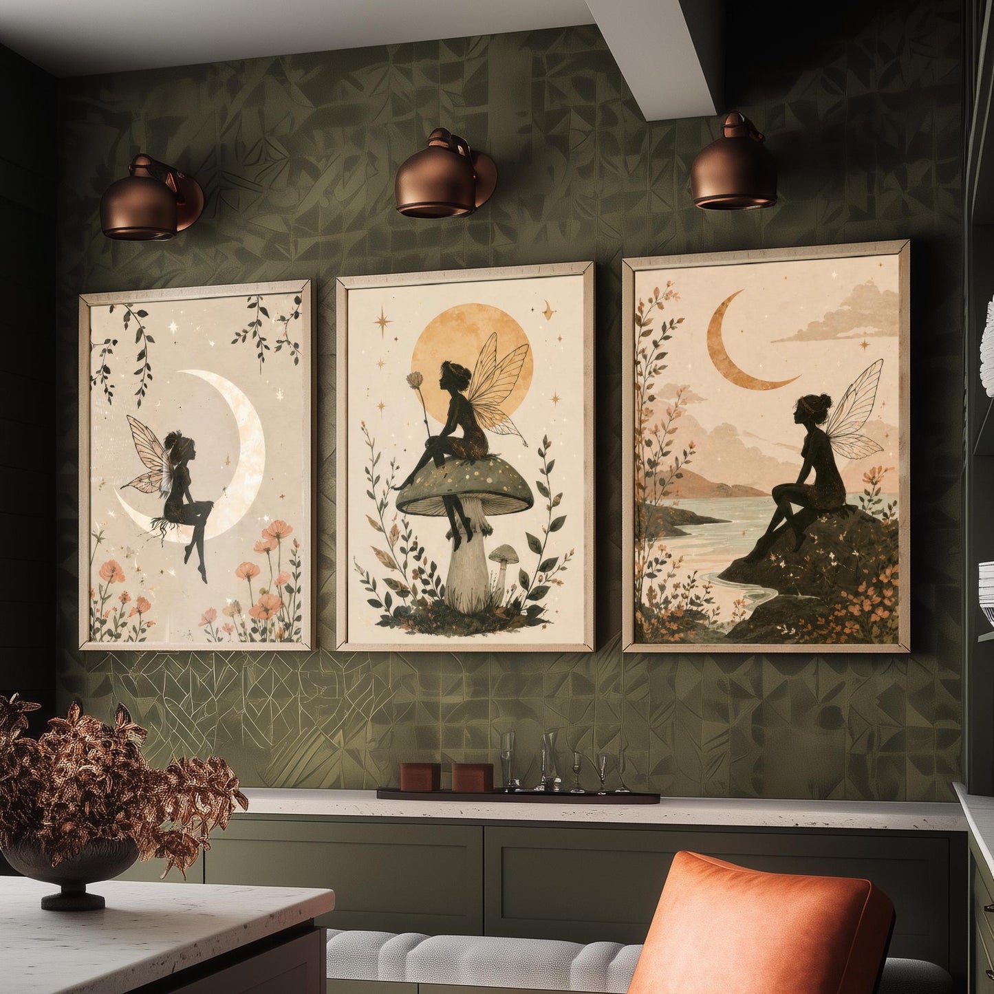 Fairy & Moon Botanical Set of Three Art Prints - Whimsical Fairy Illustration - Celestial Poster Wall Art Gift Decor V1