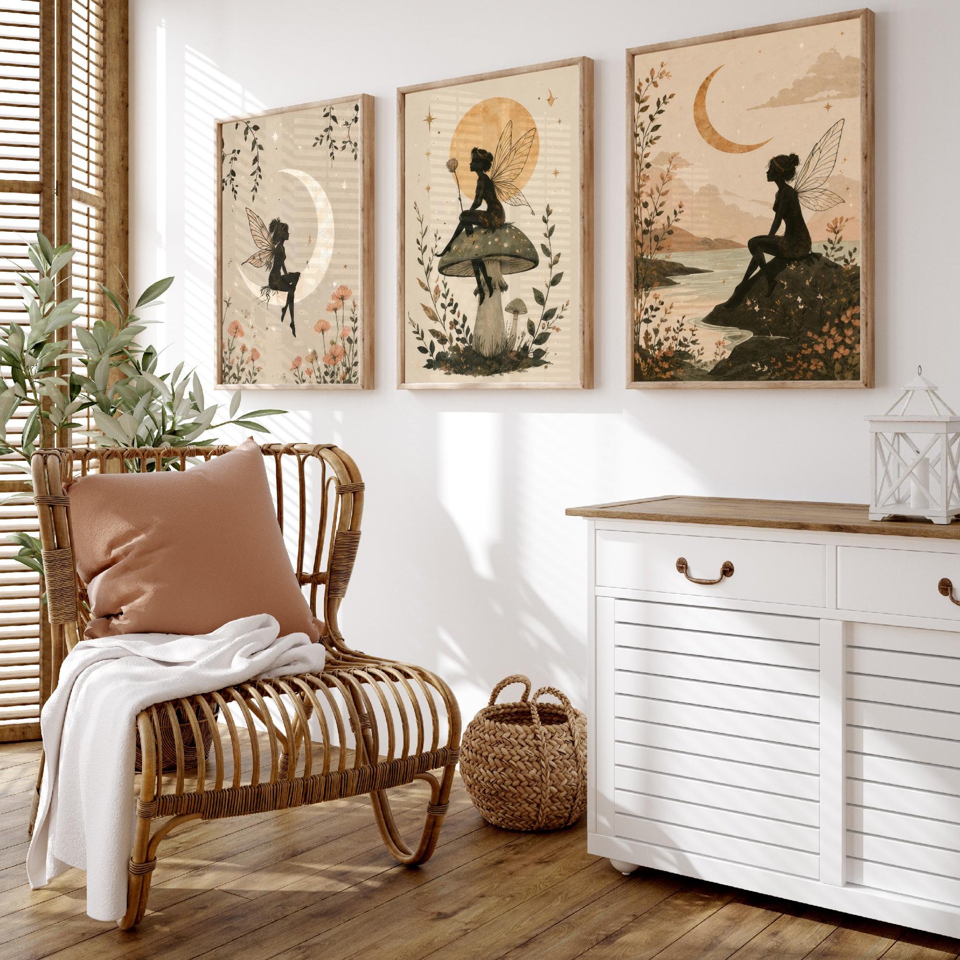 Fairy & Moon Botanical Set of Three Art Prints - Whimsical Fairy Illustration - Celestial Poster Wall Art Gift Decor V1