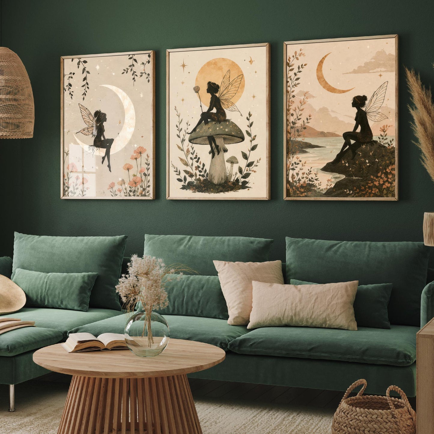 Fairy & Moon Botanical Set of Three Art Prints - Whimsical Fairy Illustration - Celestial Poster Wall Art Gift Decor V1