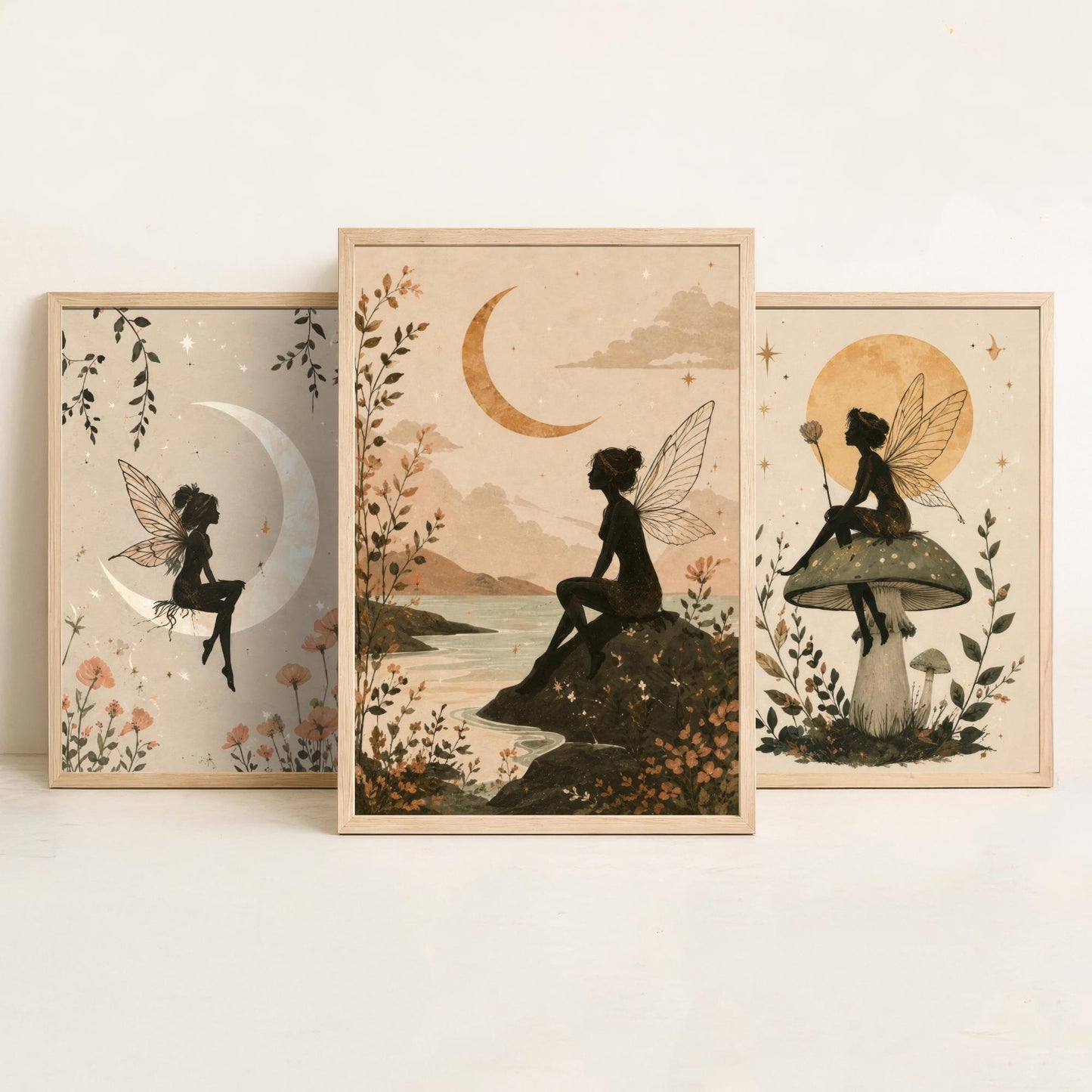 Fairy & Moon Botanical Set of Three Art Prints - Whimsical Fairy Illustration - Celestial Poster Wall Art Gift Decor V1