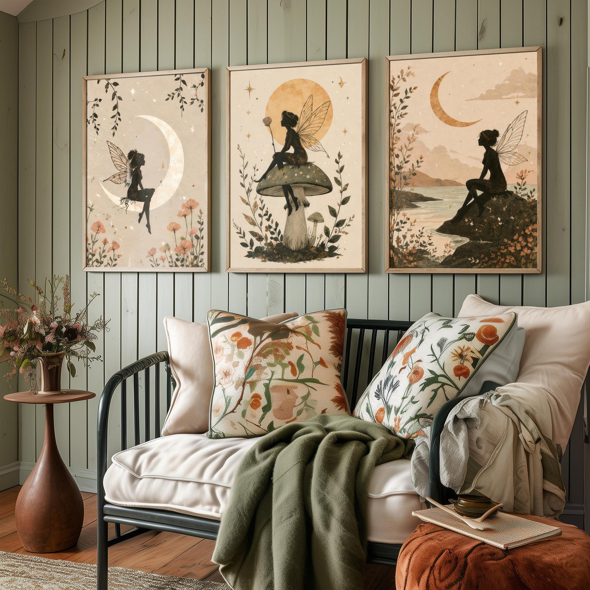 Fairy & Moon Botanical Set of Three Art Prints - Whimsical Fairy Illustration - Celestial Poster Wall Art Gift Decor V1