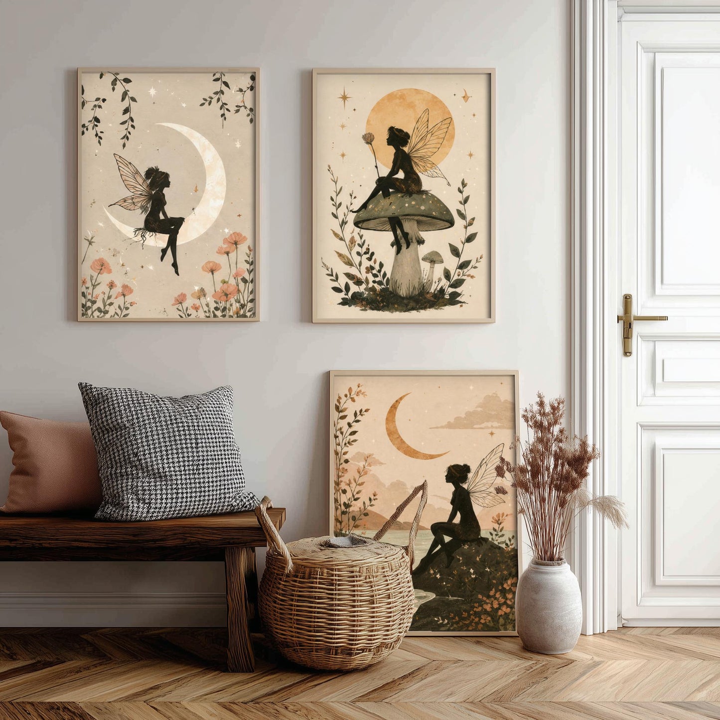 Fairy & Moon Botanical Set of Three Art Prints - Whimsical Fairy Illustration - Celestial Poster Wall Art Gift Decor V1