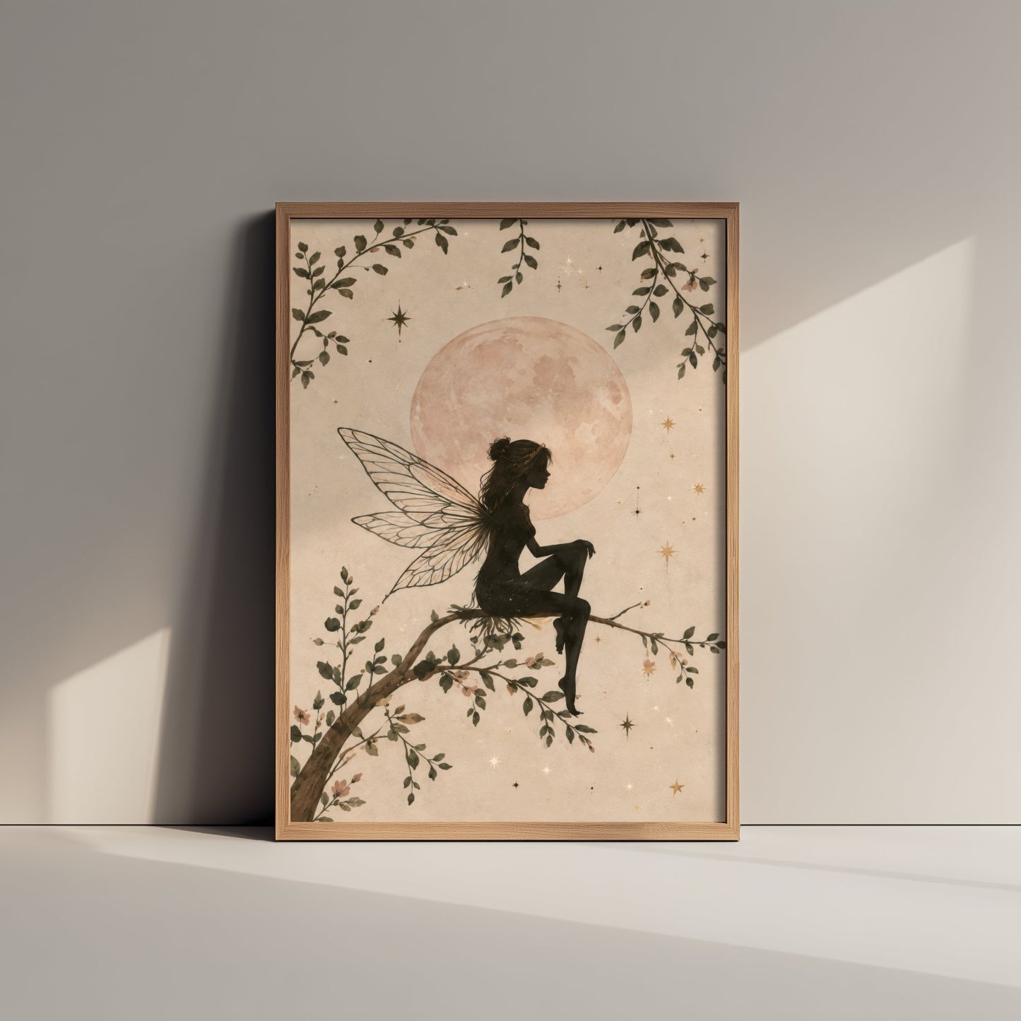 Fairy on a Branch Art Print - Pink Moon Botanical Poster - Whimsical Illustration - Nursery Wall Art V2 1/3