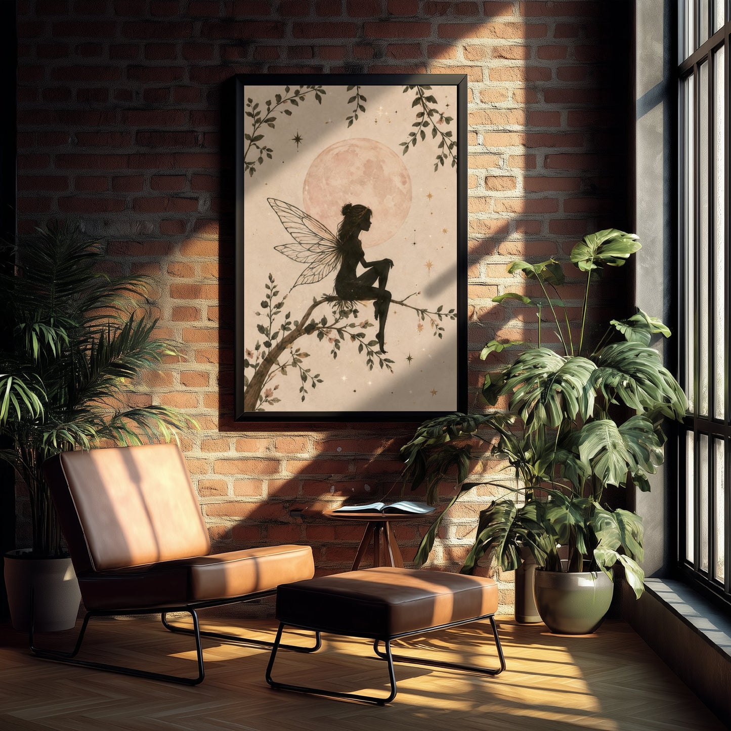 Fairy on a Branch Art Print - Pink Moon Botanical Poster - Whimsical Illustration - Nursery Wall Art V2 1/3