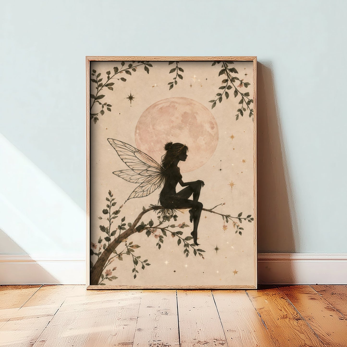 Fairy on a Branch Art Print - Pink Moon Botanical Poster - Whimsical Illustration - Nursery Wall Art V2 1/3