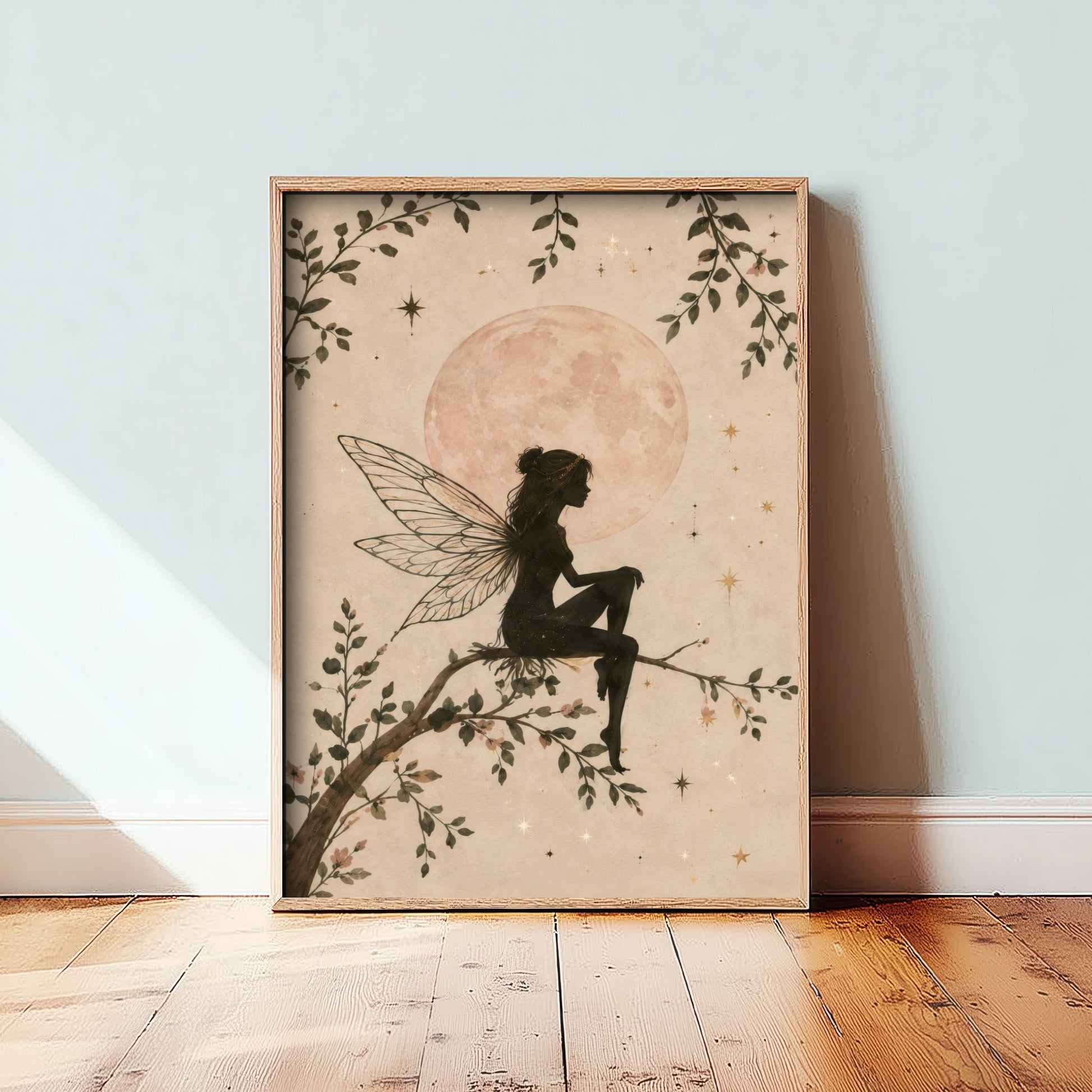 Fairy on a Branch Art Print - Pink Moon Botanical Poster - Whimsical Illustration - Nursery Wall Art V2 1/3