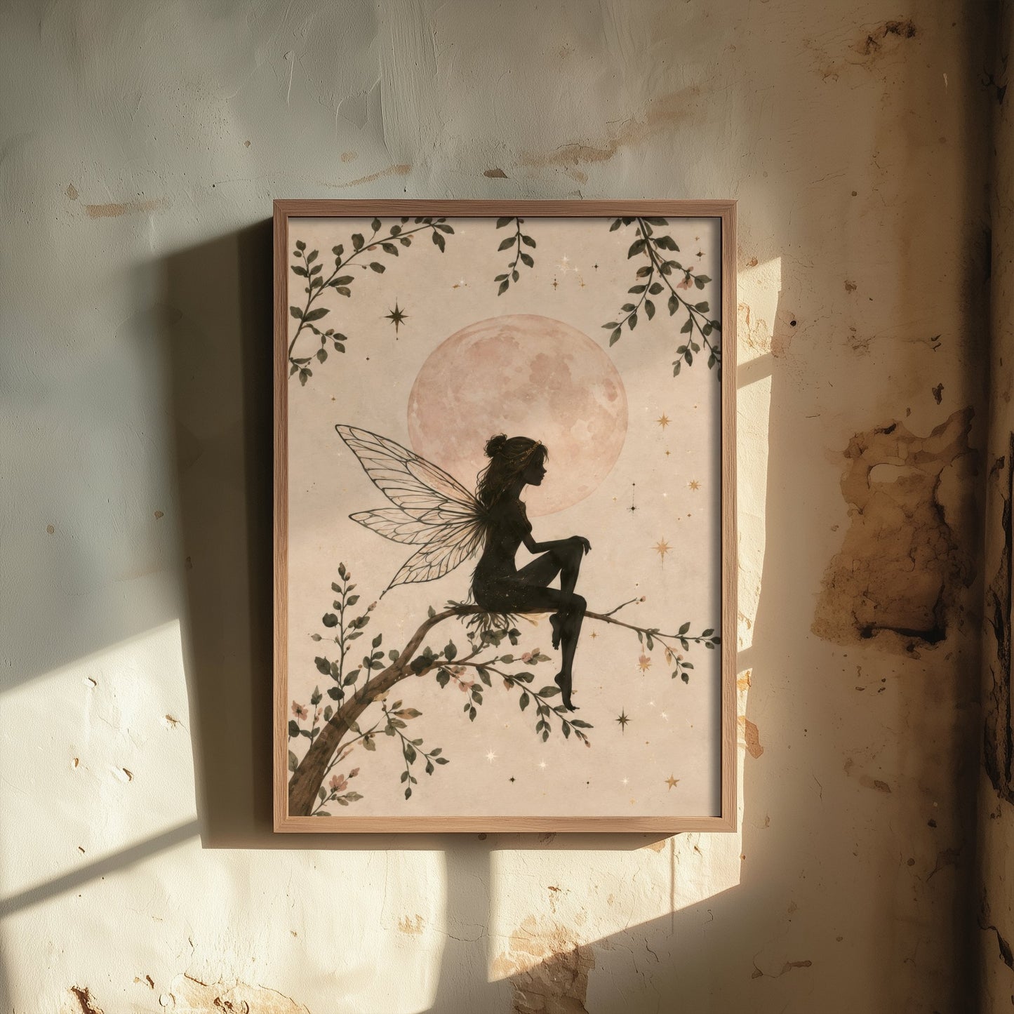 Fairy on a Branch Art Print - Pink Moon Botanical Poster - Whimsical Illustration - Nursery Wall Art V2 1/3