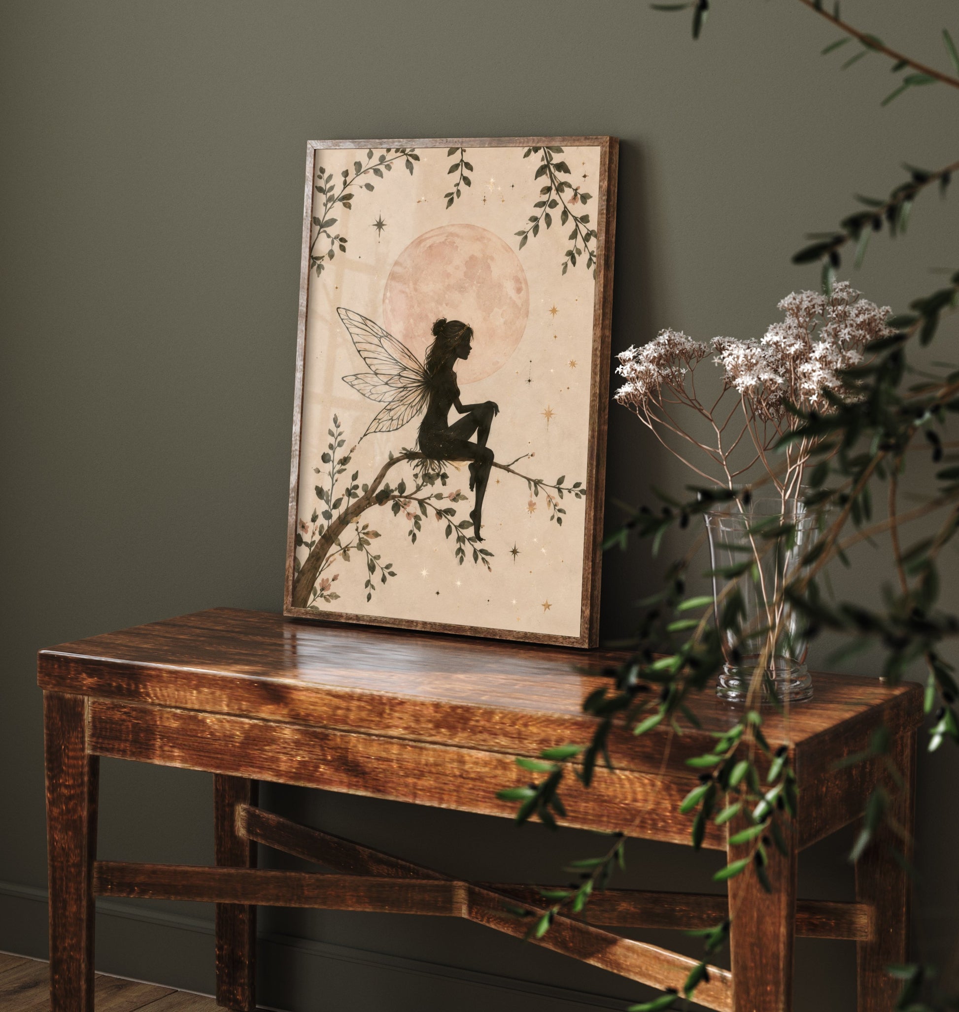 Fairy on a Branch Art Print - Pink Moon Botanical Poster - Whimsical Illustration - Nursery Wall Art V2 1/3