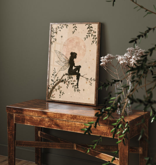 Fairy on a Branch Art Print - Pink Moon Botanical Poster - Whimsical Illustration - Nursery Wall Art V2 1/3