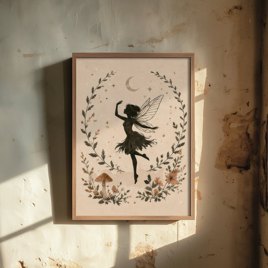 Dancing Fairy Art Print - Crescent Moon Botanical Poster - Whimsical Illustration - Nursery Wall Art V2 2/3