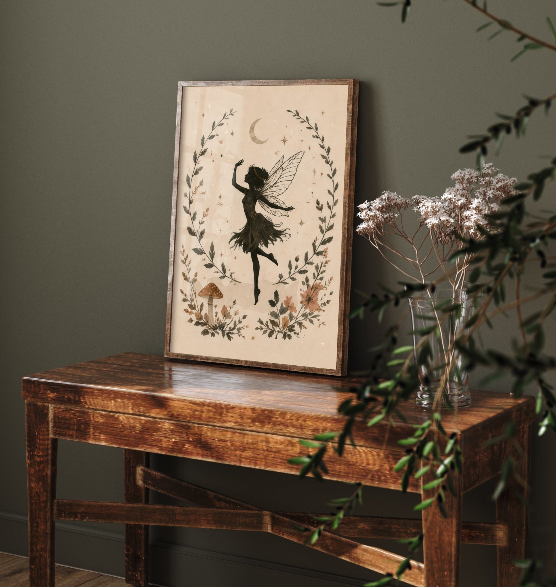 Dancing Fairy Art Print - Crescent Moon Botanical Poster - Whimsical Illustration - Nursery Wall Art V2 2/3
