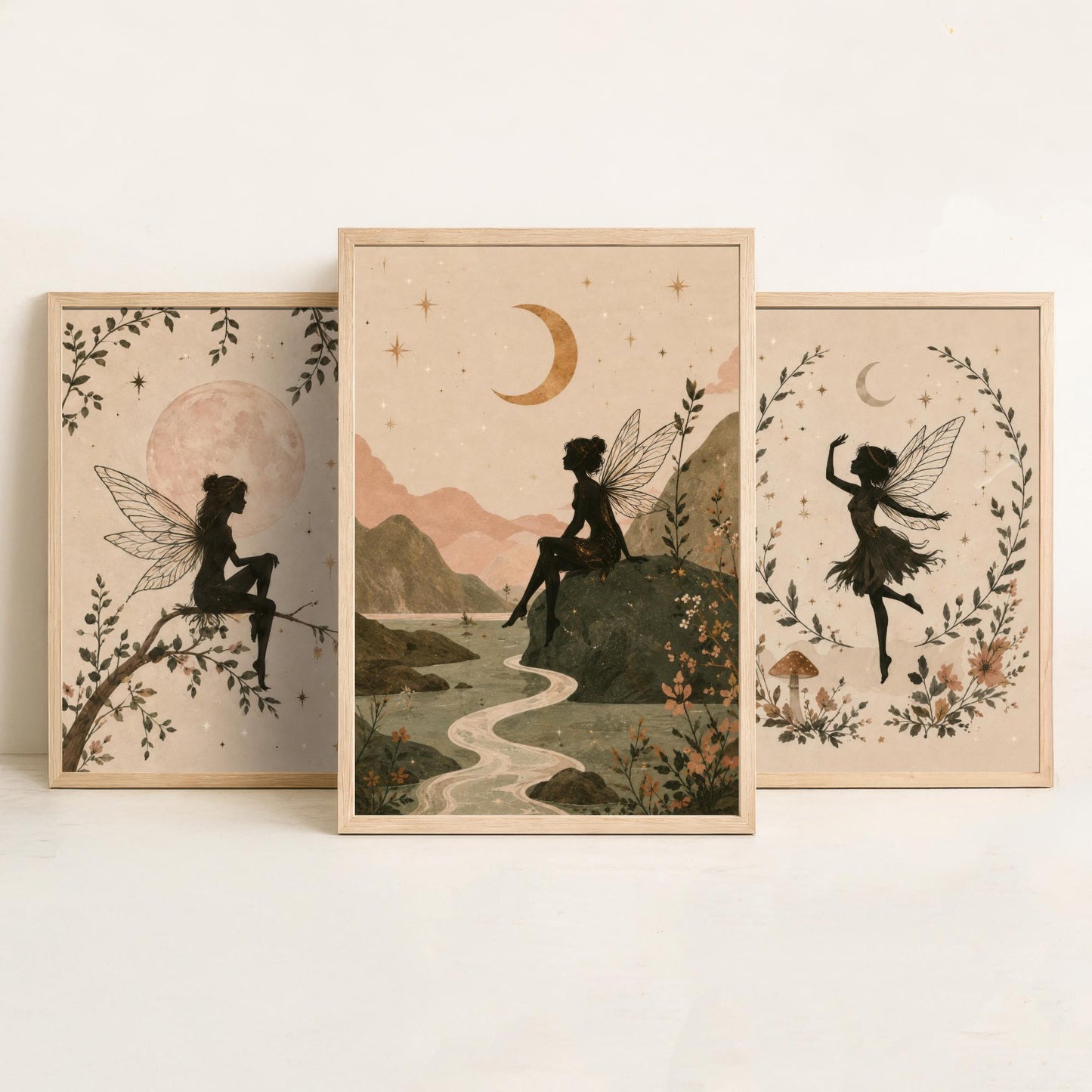Set of Three Fairy & Moon Botanical Art Prints - Celestial Fairy Illustration - Whimsical Poster Wall Art Gift Nursery Decor V2